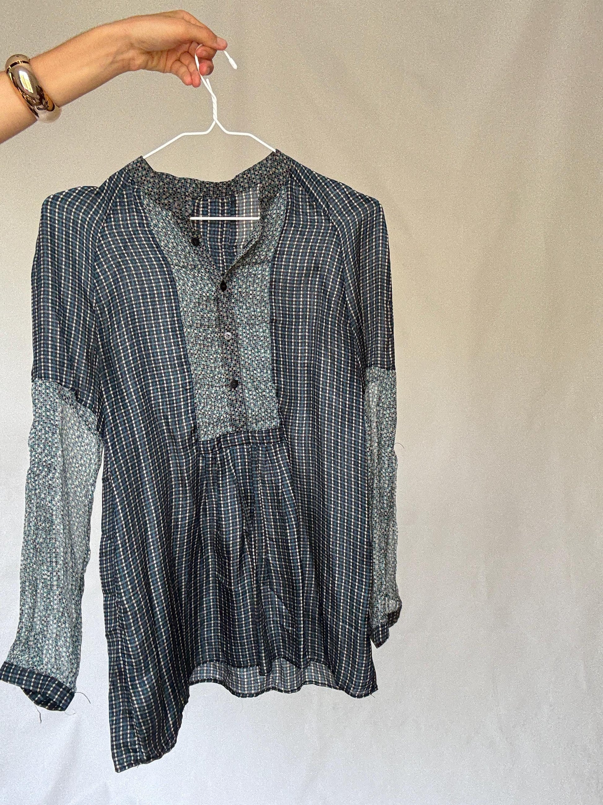 Sheer silk blouse with mixed floral and check pattern – See through luxury long sleeve airy shirt, Size M-L