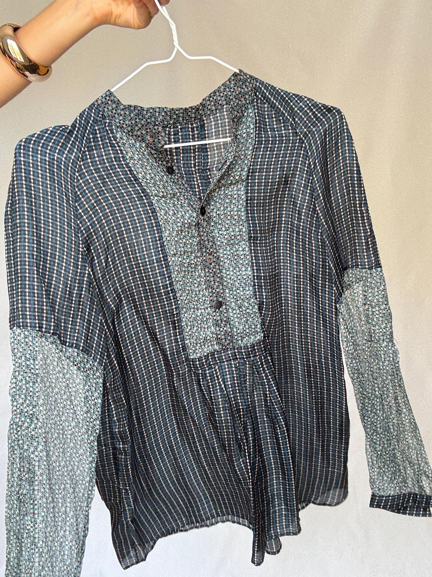 Sheer silk blouse with mixed floral and check pattern – See through luxury long sleeve airy shirt, Size M-L