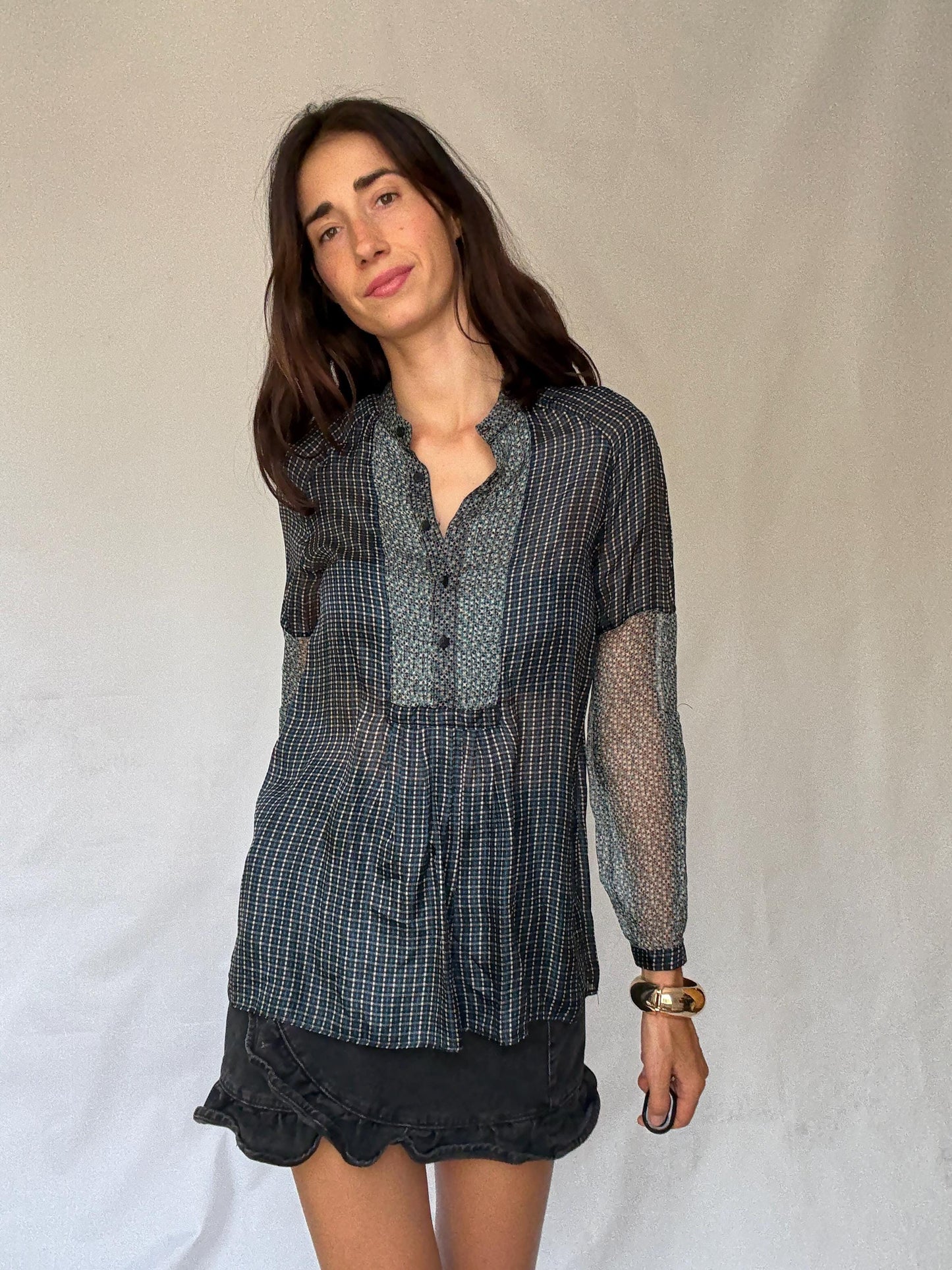 Sheer silk blouse with mixed floral and check pattern – See through luxury long sleeve airy shirt, Size M-L