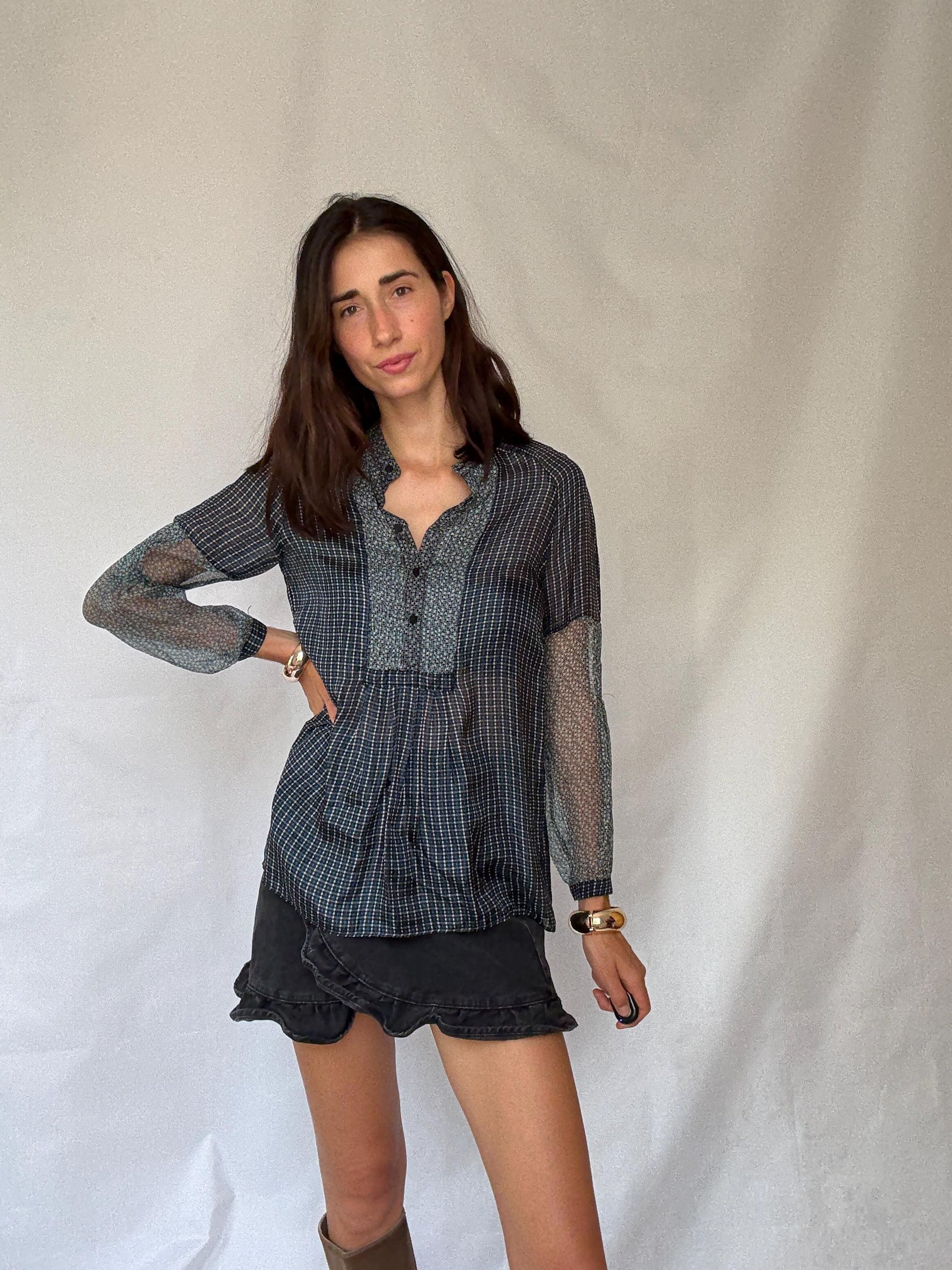 Sheer silk blouse with mixed floral and check pattern – See through luxury long sleeve airy shirt, Size M-L