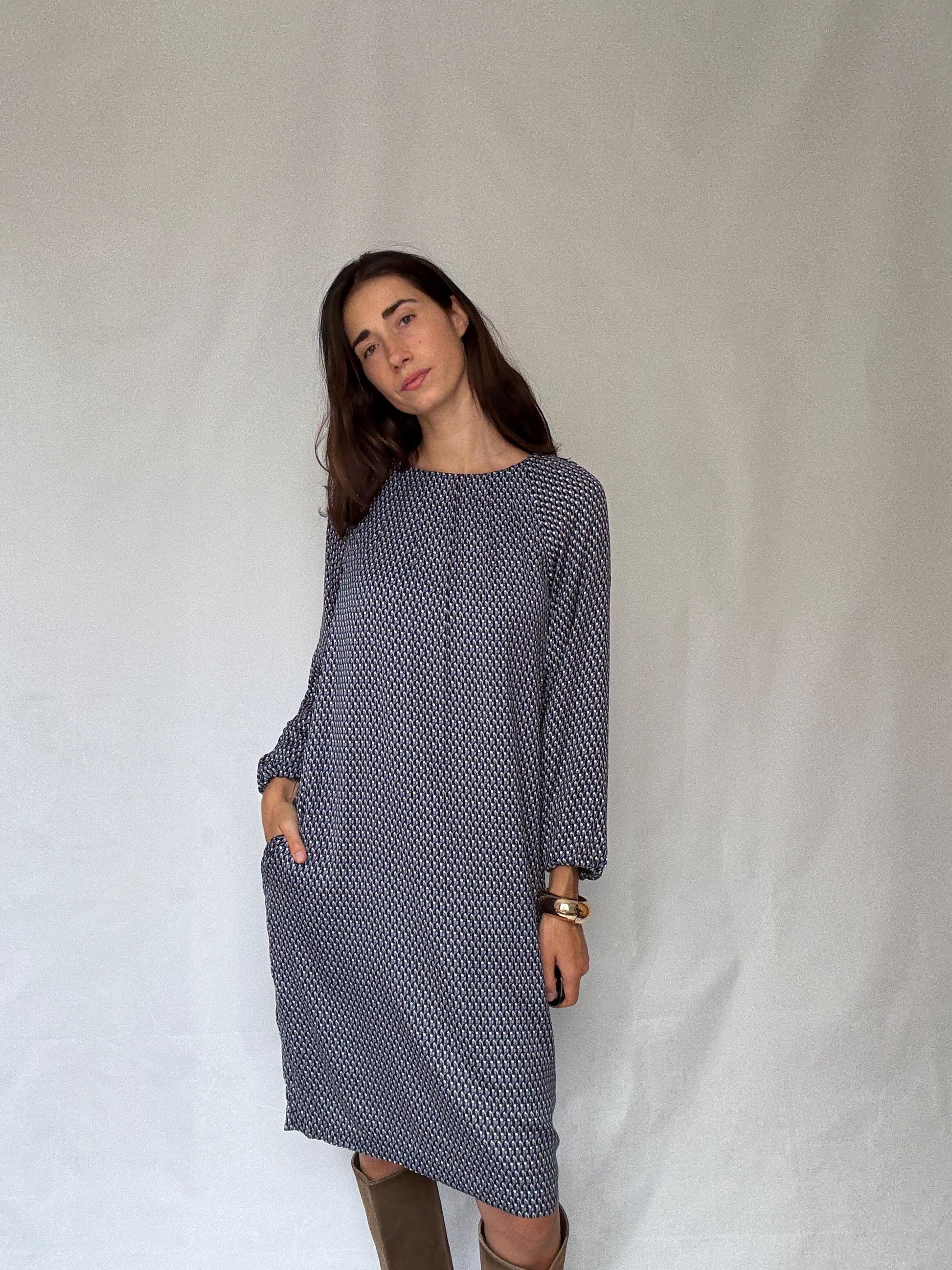 Purificación García geometric print midi dress – navy, cream, gold, size 44, SIZE L - XL