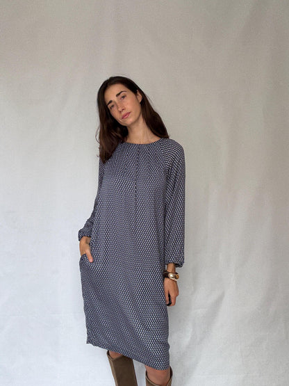 Purificación García geometric print midi dress – navy, cream, gold, size 44, SIZE L - XL