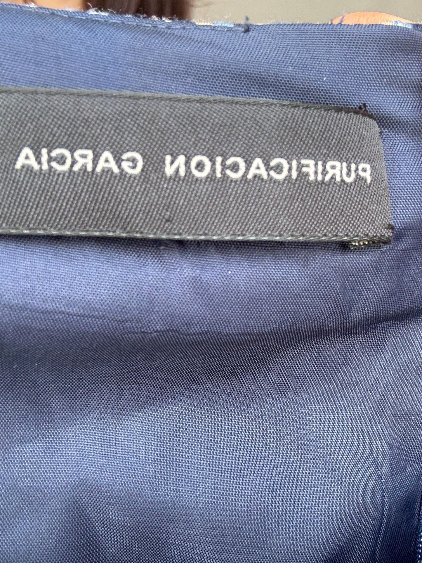 Purificación García geometric print midi dress – navy, cream, gold, size 44, SIZE L - XL