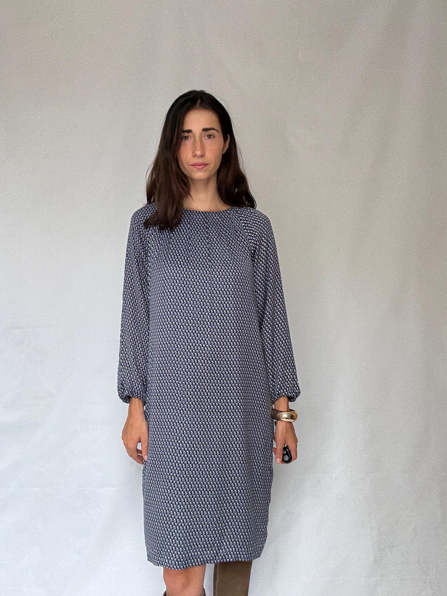 Purificación García geometric print midi dress – navy, cream, gold, size 44, SIZE L - XL