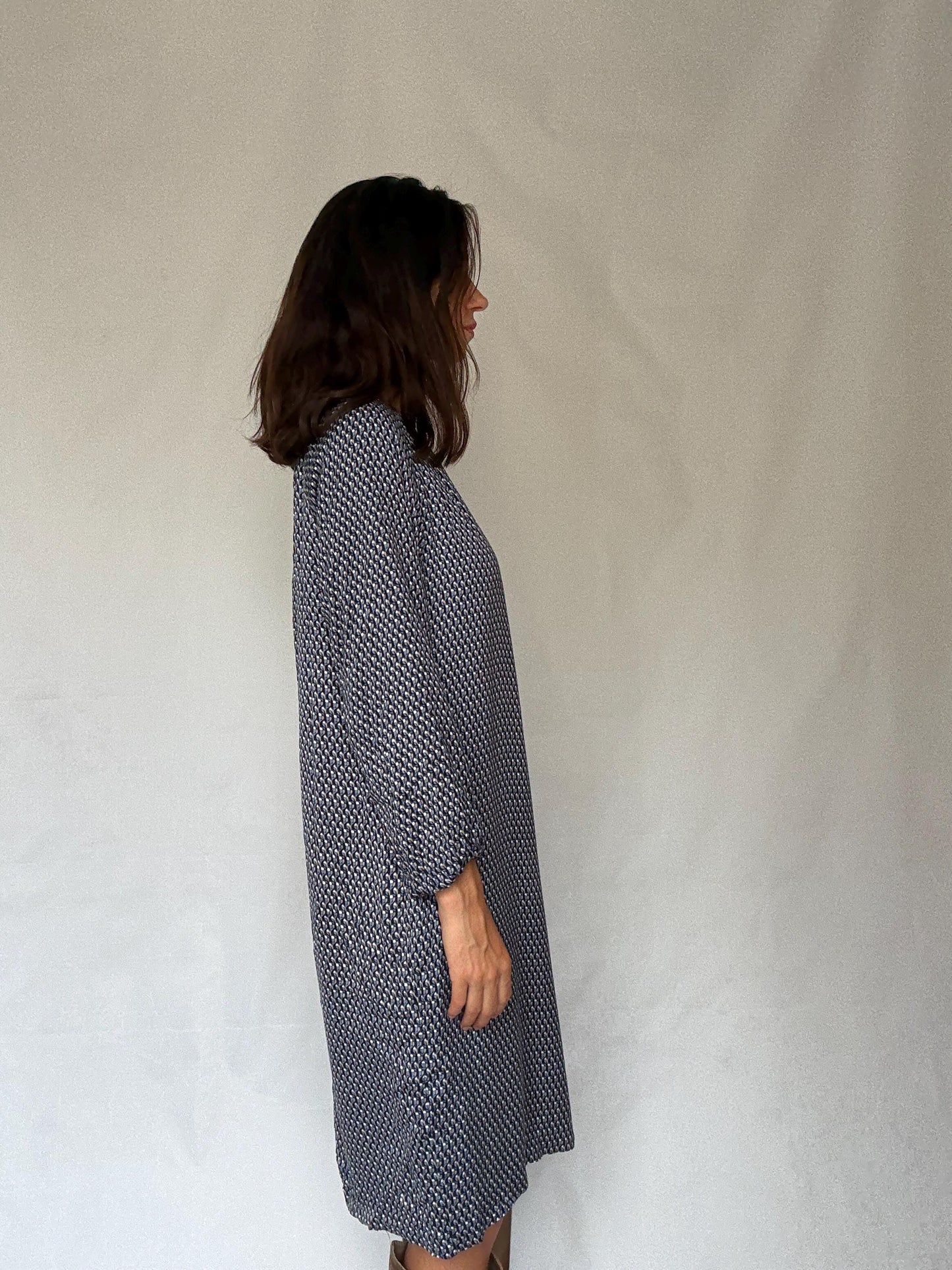 Purificación García geometric print midi dress – navy, cream, gold, size 44, SIZE L - XL