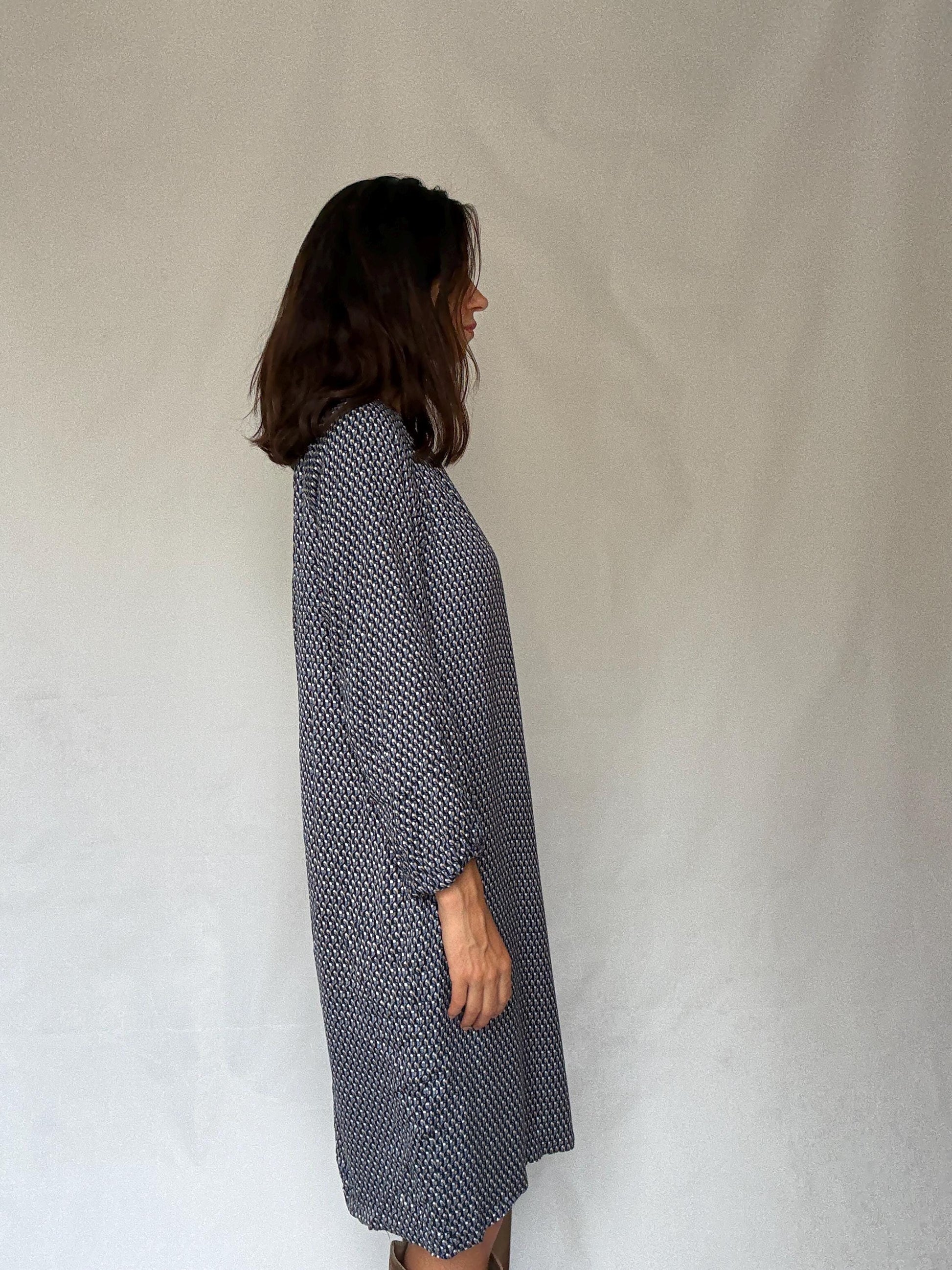 Purificación García geometric print midi dress – navy, cream, gold, size 44, SIZE L - XL