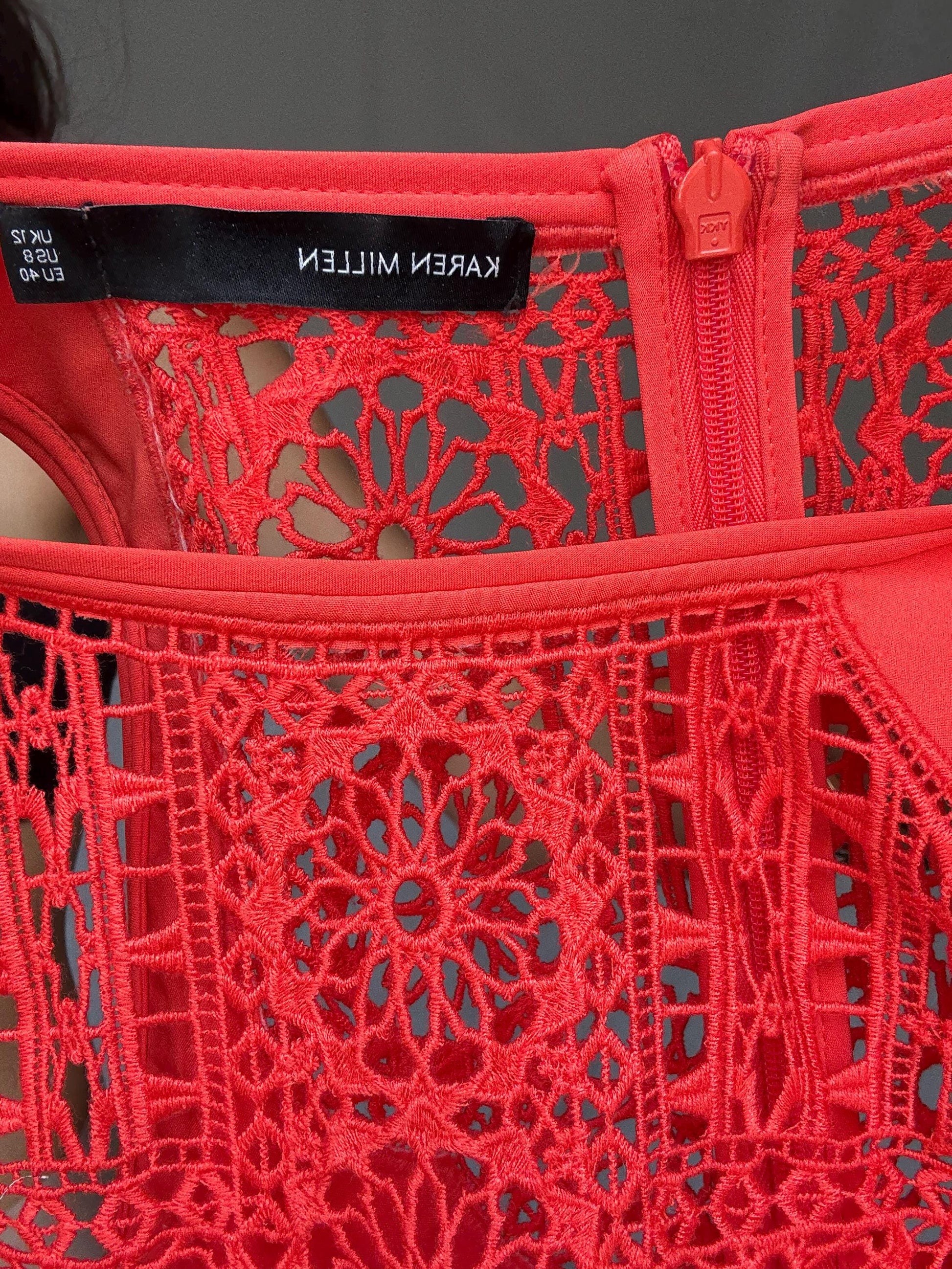 Karen Millen coral lace panel bodycon, Size US8 EU40, elegant sleeveless cocktail outfit, Luxury designer clothing, feminine pencil dress