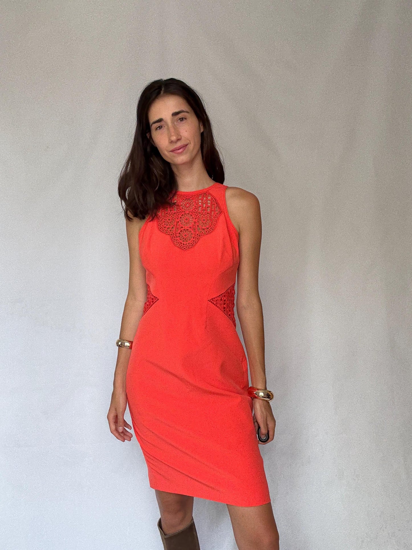 Karen Millen coral lace panel bodycon, Size US8 EU40, elegant sleeveless cocktail outfit, Luxury designer clothing, feminine pencil dress