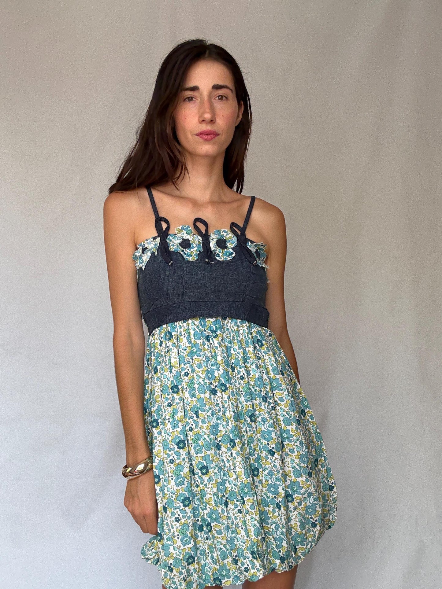 Rinascimento Italy floral cotton mini dress – denim bodice & blue green print skirt, fits S-M