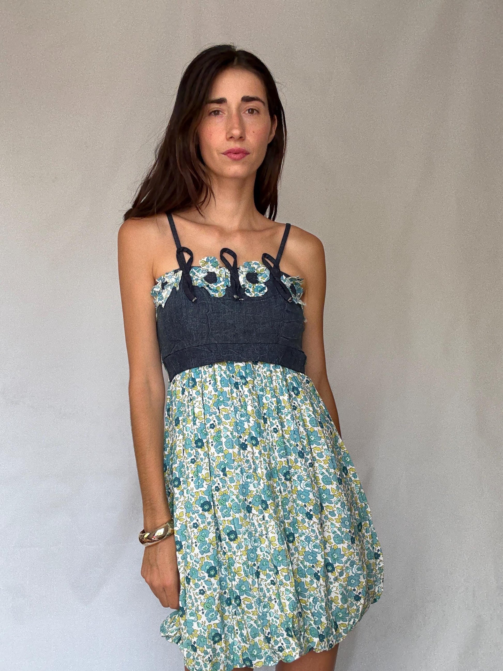 Rinascimento Italy floral cotton mini dress – denim bodice & blue green print skirt, fits S-M