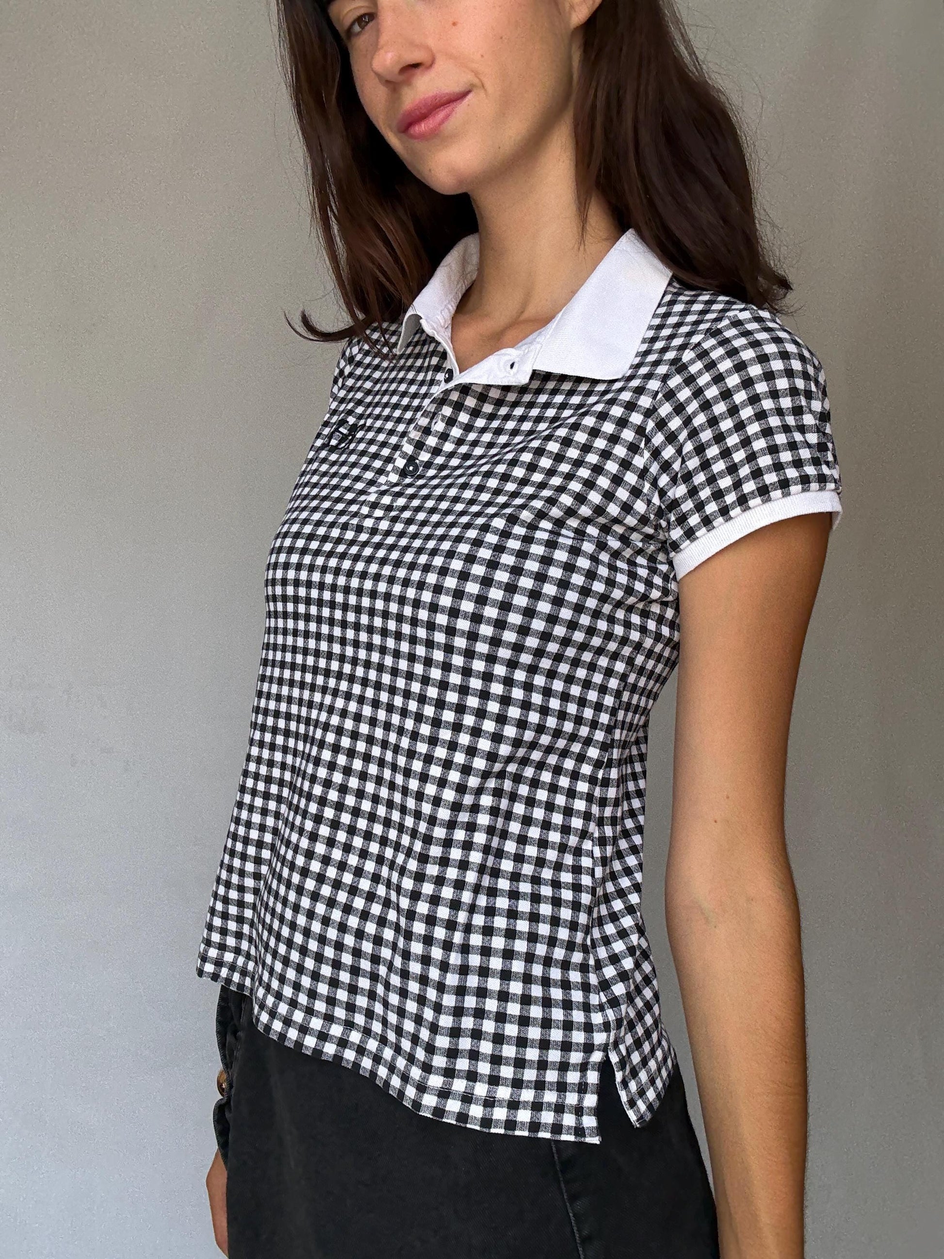 Pedro del Hierro black gingham stretch cotton polo shirt – retro 00s prep school aesthetic – short sleeve fitted top US XS