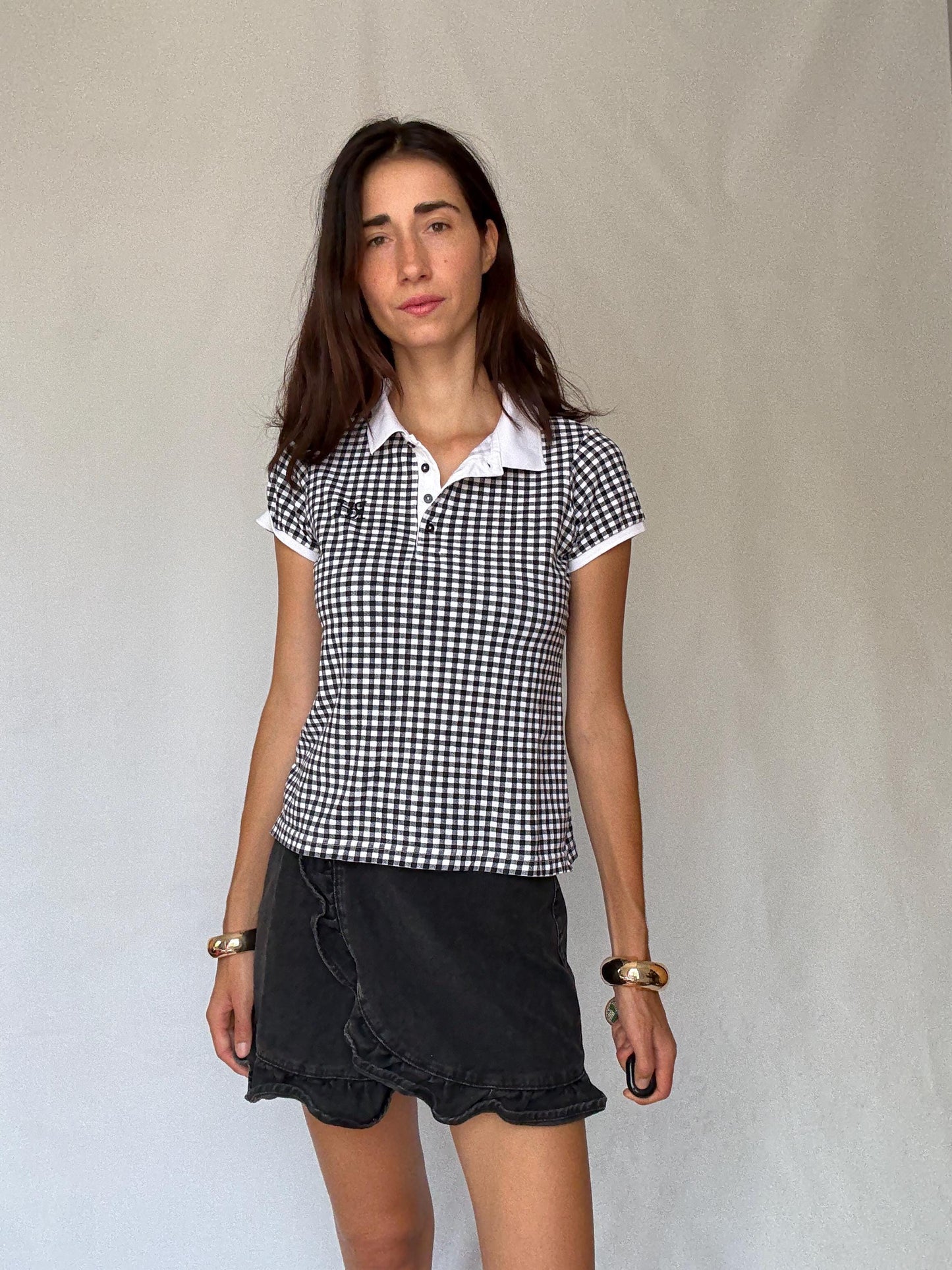 Pedro del Hierro black gingham stretch cotton polo shirt – retro 00s prep school aesthetic – short sleeve fitted top US XS