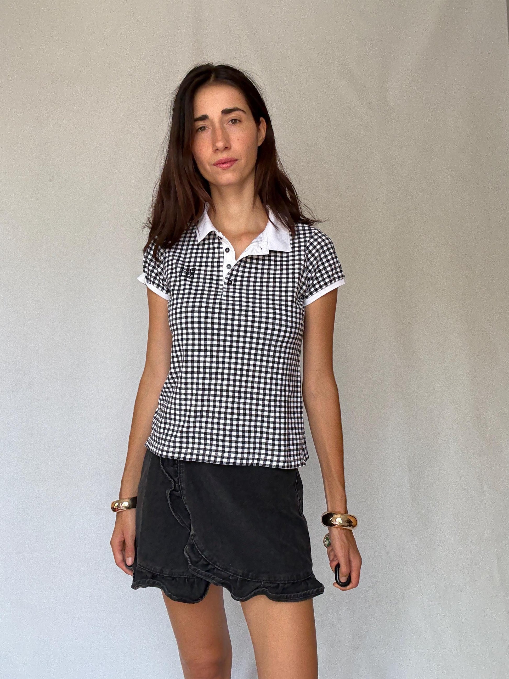 Pedro del Hierro black gingham stretch cotton polo shirt – retro 00s prep school aesthetic – short sleeve fitted top US XS