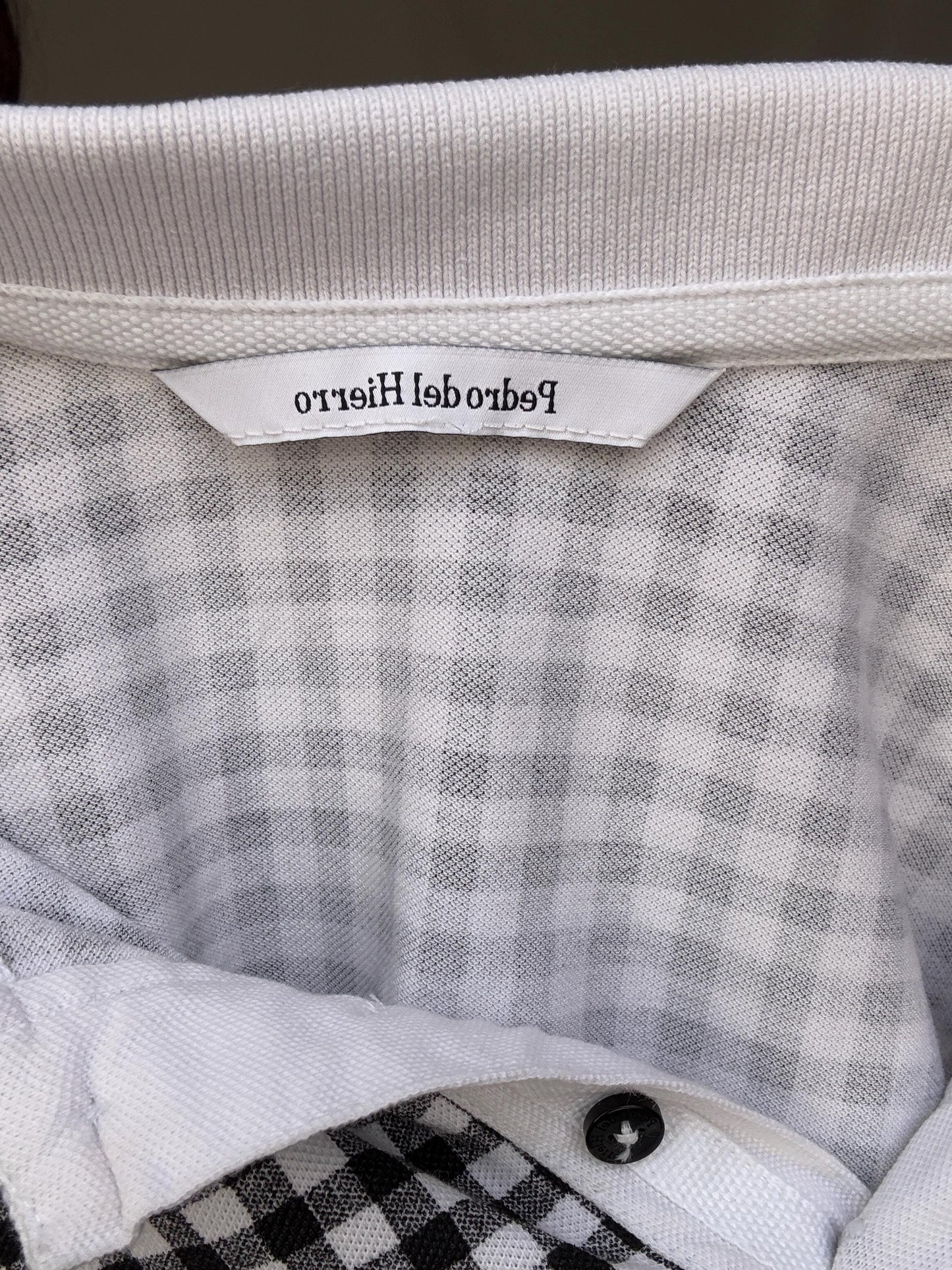 Pedro del Hierro black gingham stretch cotton polo shirt – retro 00s prep school aesthetic – short sleeve fitted top US XS