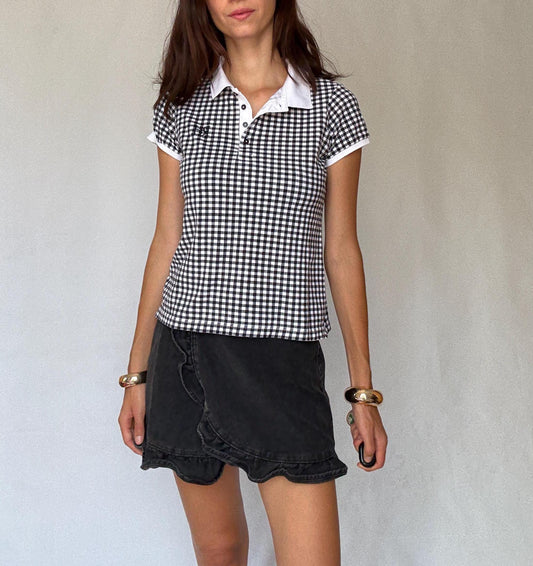 Pedro del Hierro black gingham stretch cotton polo shirt – retro 00s prep school aesthetic – short sleeve fitted top US XS