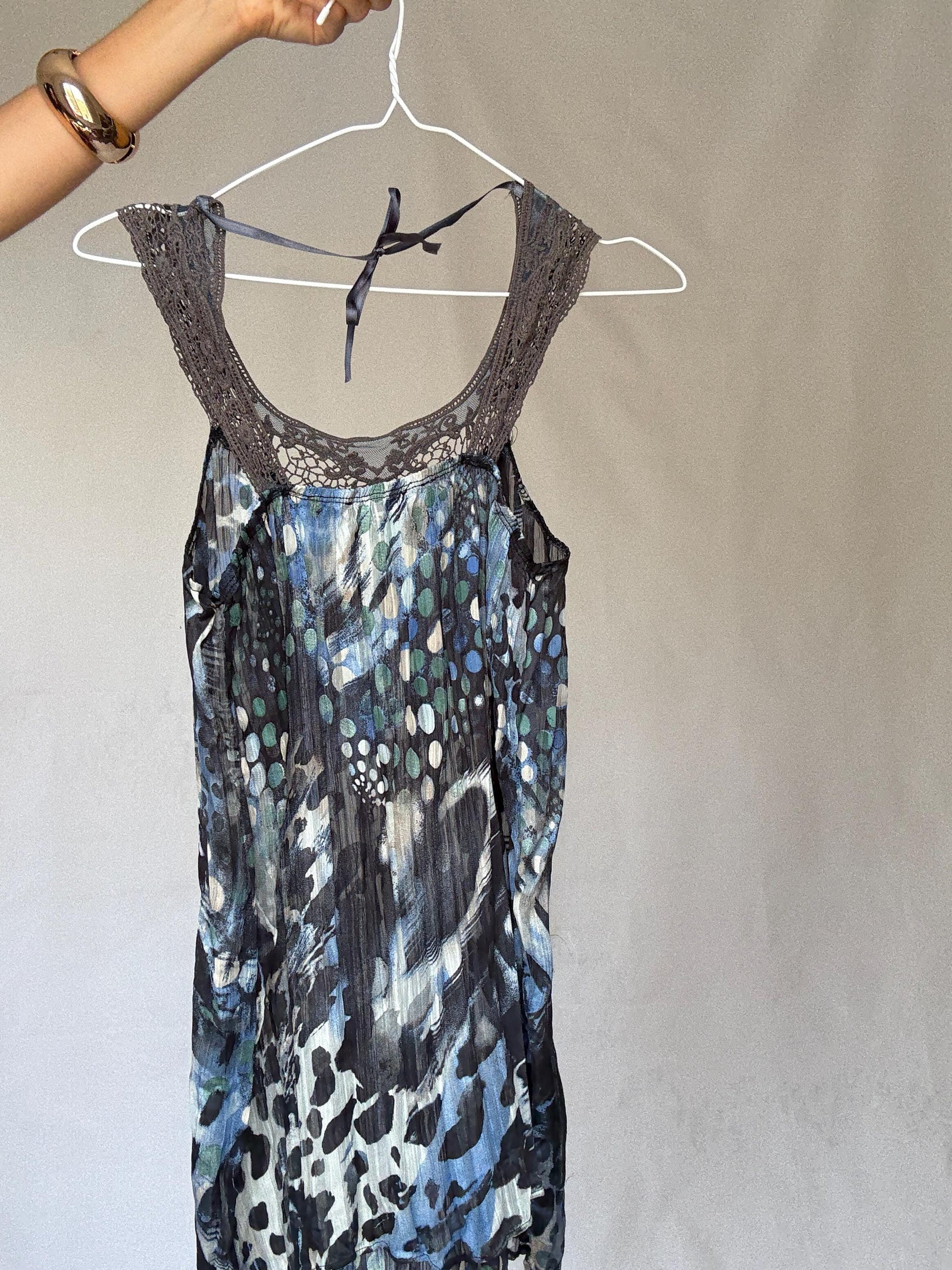 Vintage Sheer Cotton Button-Up Shirt – 70s Geometric Print Blouse, classic relaxed fit, breathable casual top, Size S