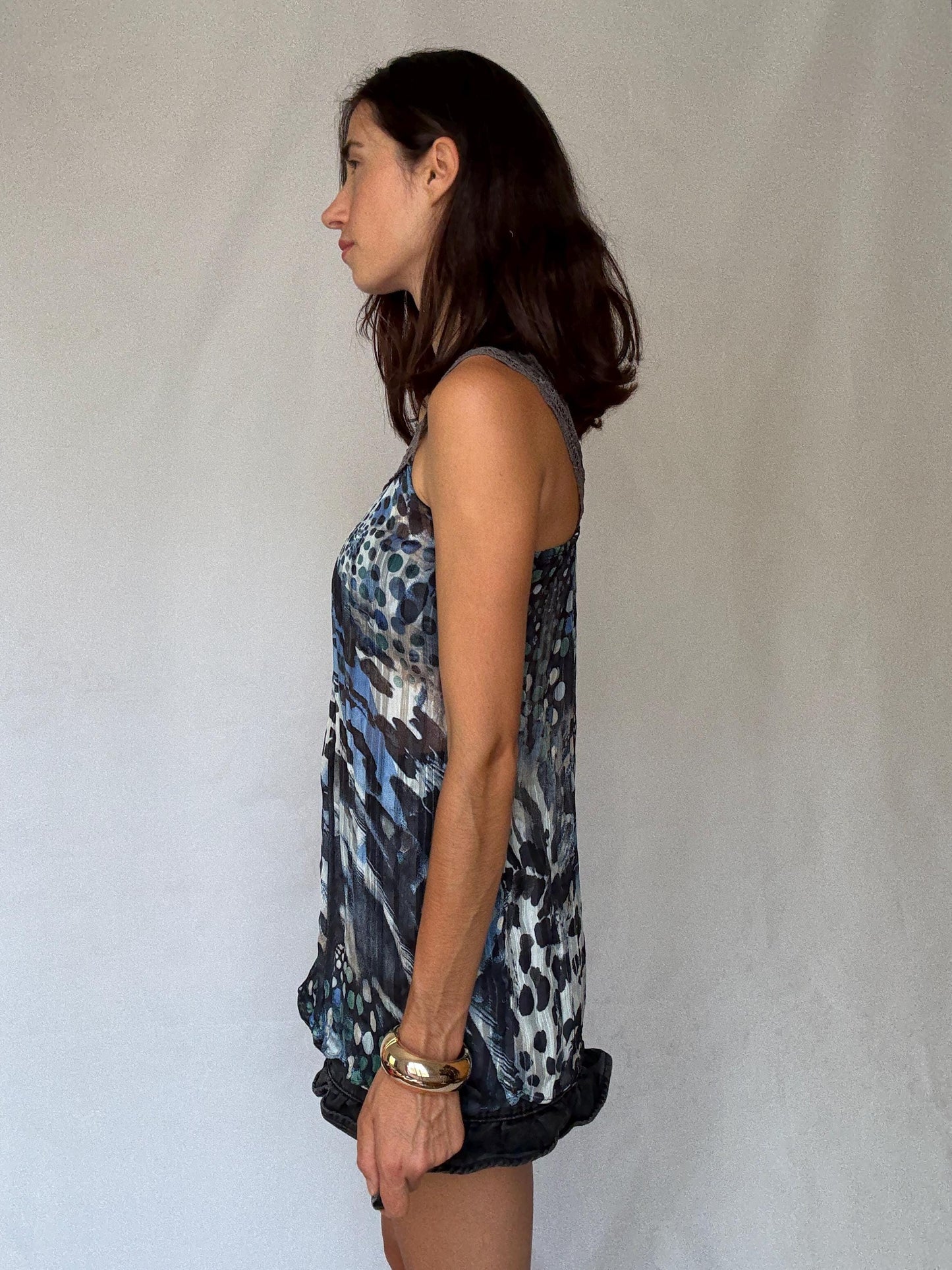 Vintage Sheer Cotton Button-Up Shirt – 70s Geometric Print Blouse, classic relaxed fit, breathable casual top, Size S