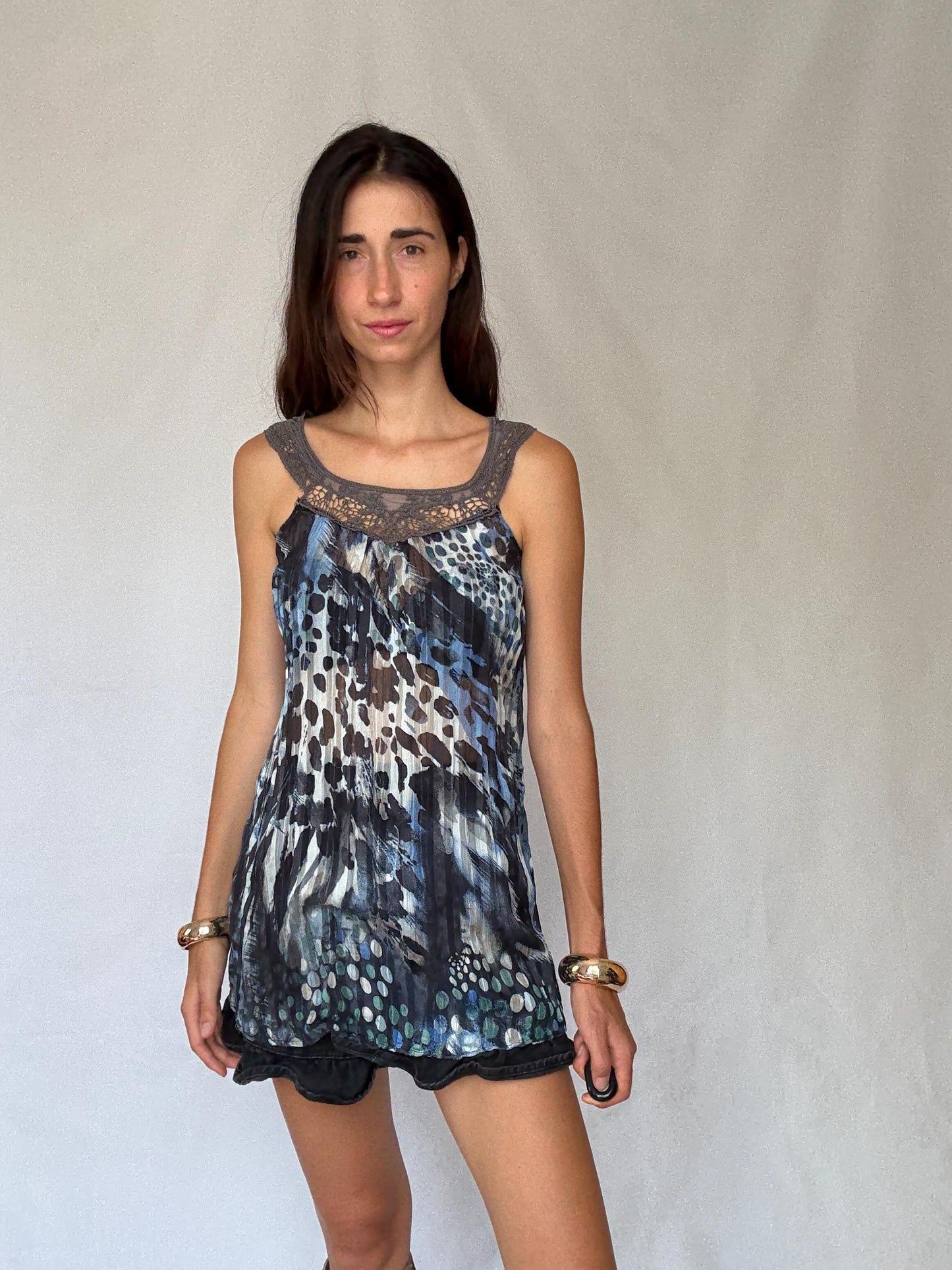 Vintage Sheer Cotton Button-Up Shirt – 70s Geometric Print Blouse, classic relaxed fit, breathable casual top, Size S