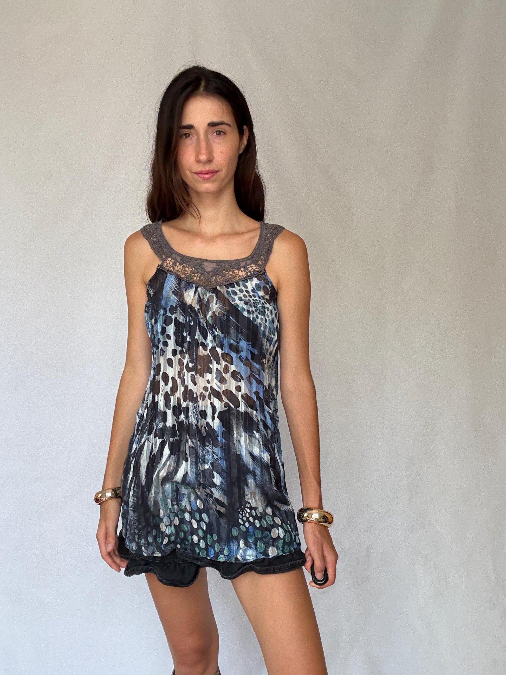 Vintage Sheer Cotton Button-Up Shirt – 70s Geometric Print Blouse, classic relaxed fit, breathable casual top, Size S