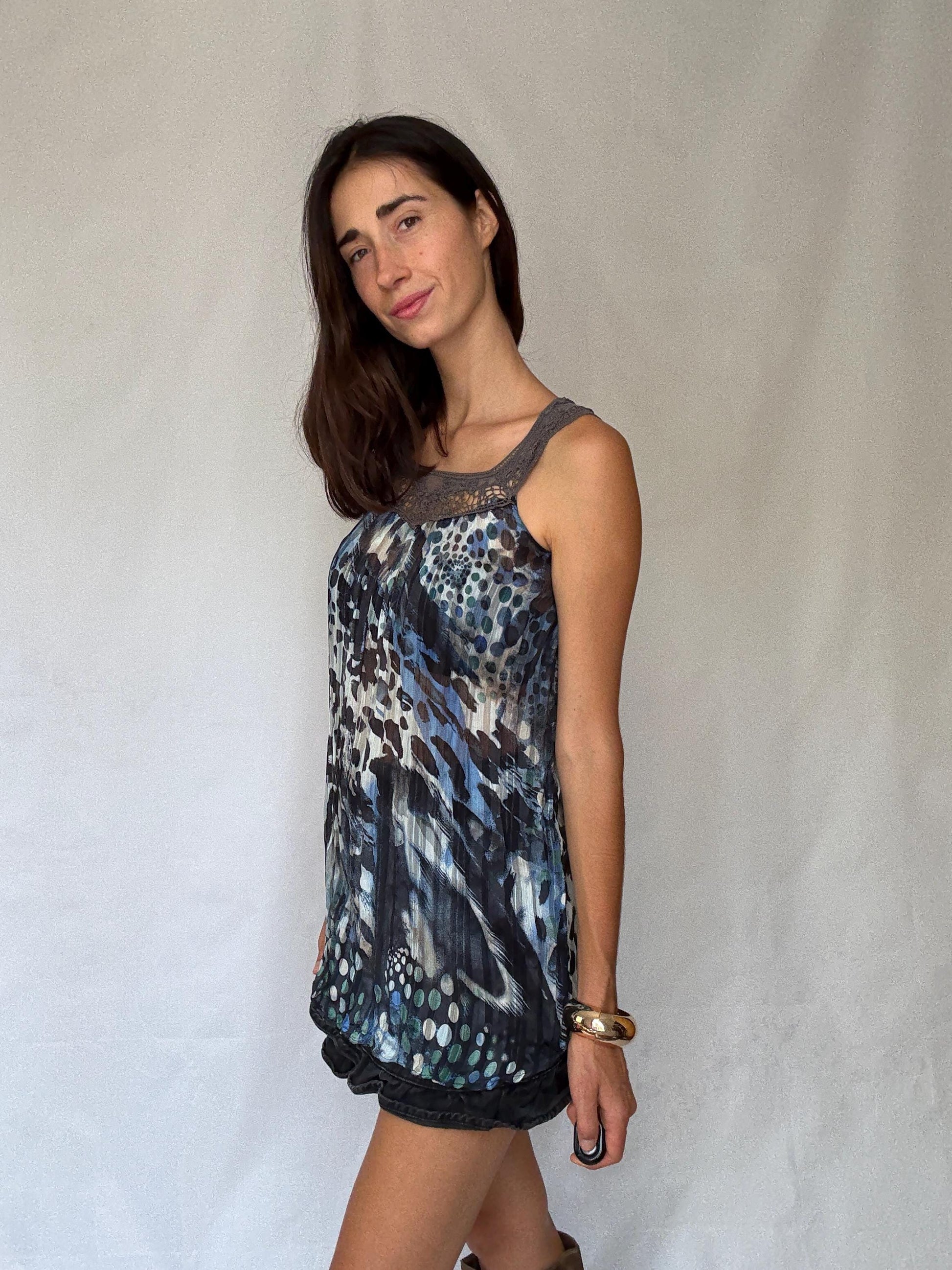 Vintage Sheer Cotton Button-Up Shirt – 70s Geometric Print Blouse, classic relaxed fit, breathable casual top, Size S