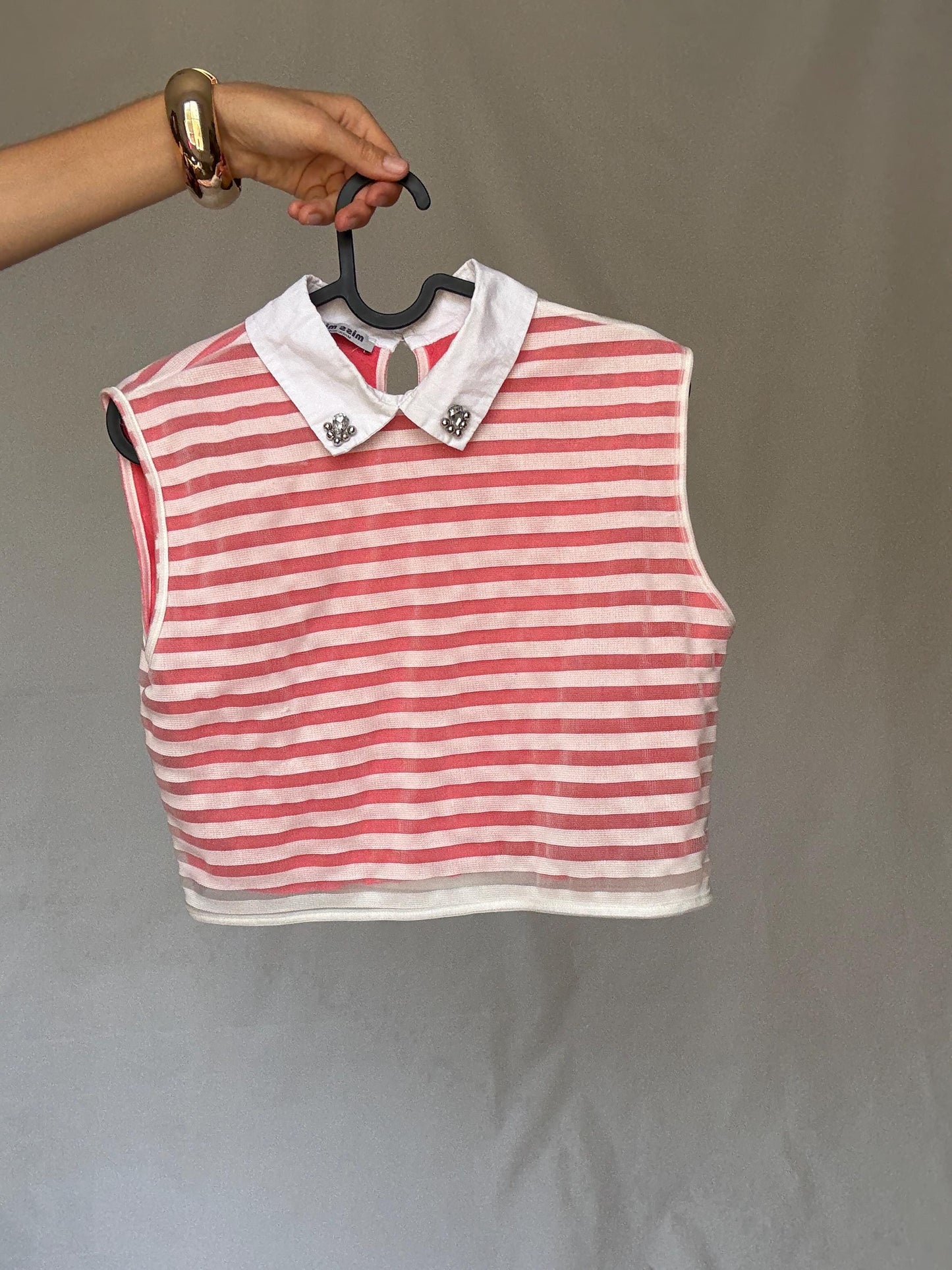 Parisian chic pink white striped crop top – gemstone collar, playful sustainable fashion, size M