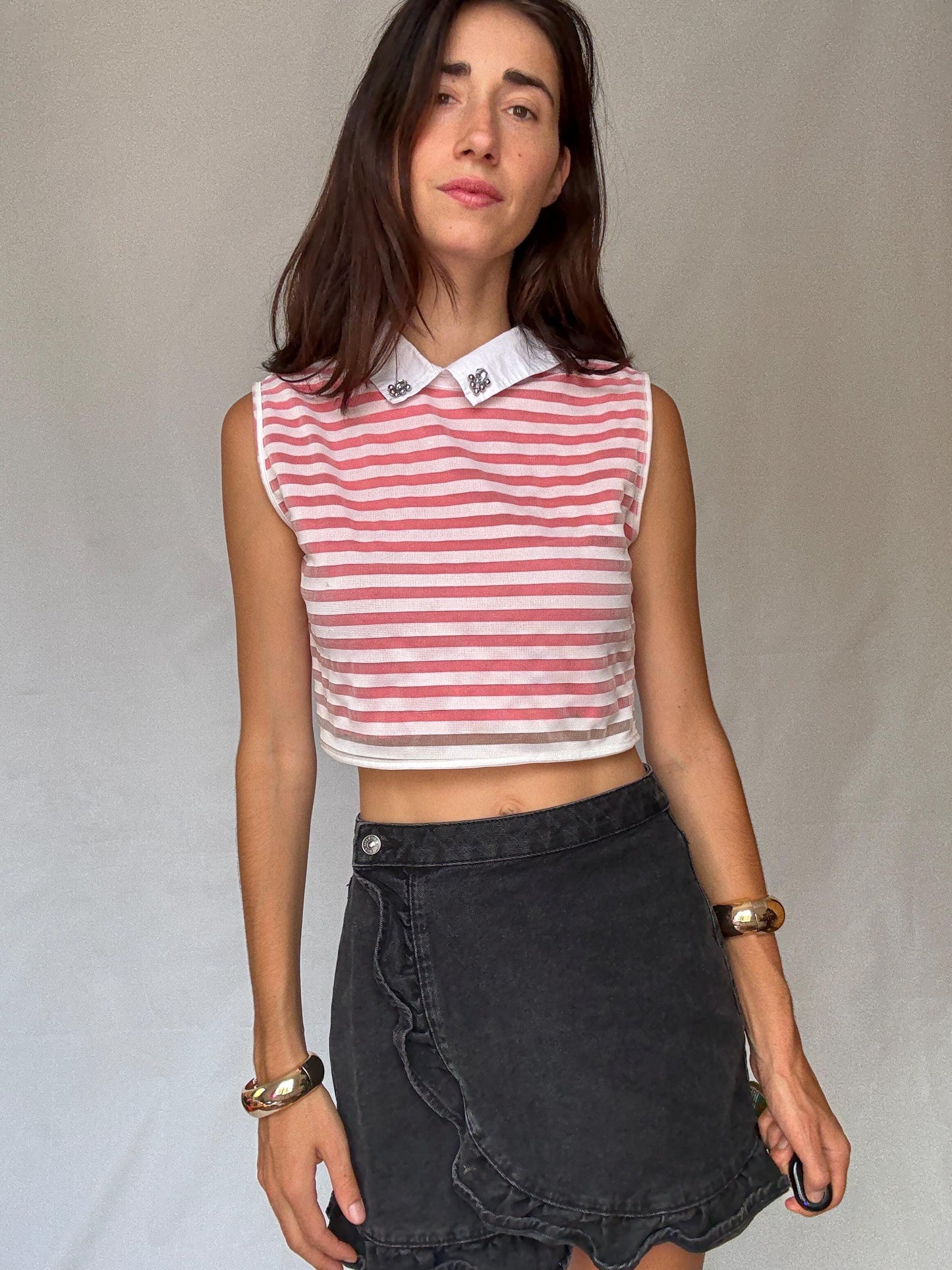 Parisian chic pink white striped crop top – gemstone collar, playful sustainable fashion, size M