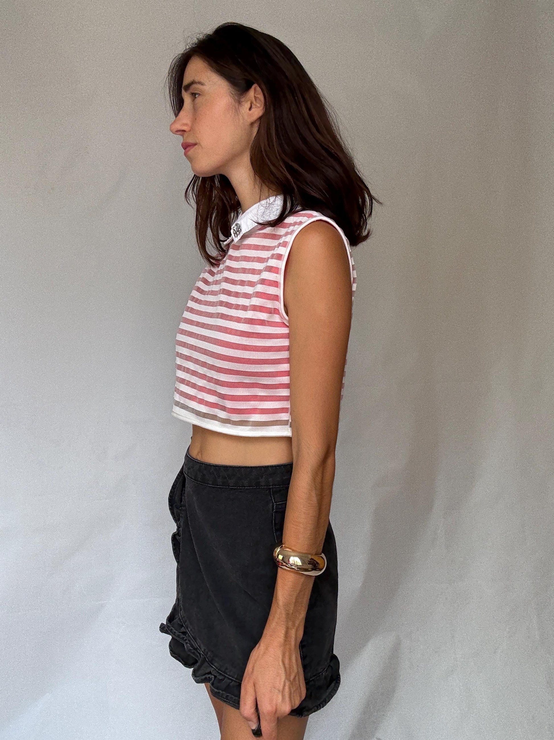 Parisian chic pink white striped crop top – gemstone collar, playful sustainable fashion, size M