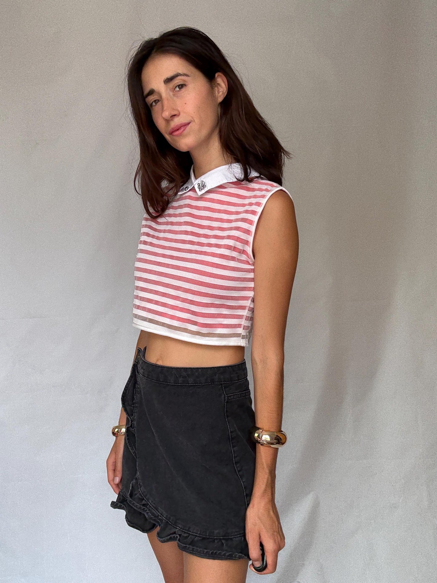 Parisian chic pink white striped crop top – gemstone collar, playful sustainable fashion, size M