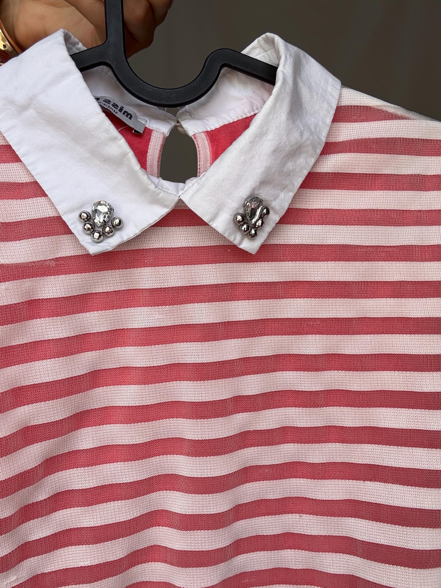 Parisian chic pink white striped crop top – gemstone collar, playful sustainable fashion, size M