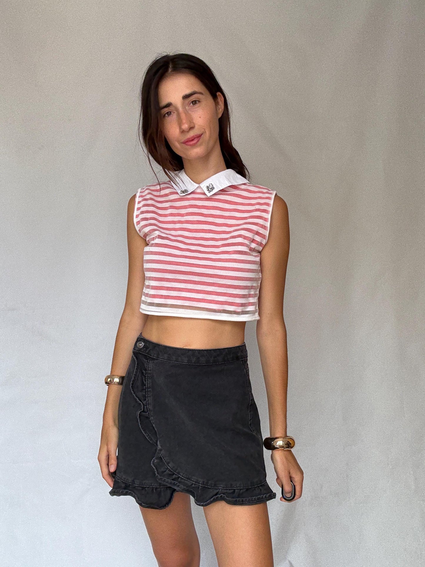 Parisian chic pink white striped crop top – gemstone collar, playful sustainable fashion, size M
