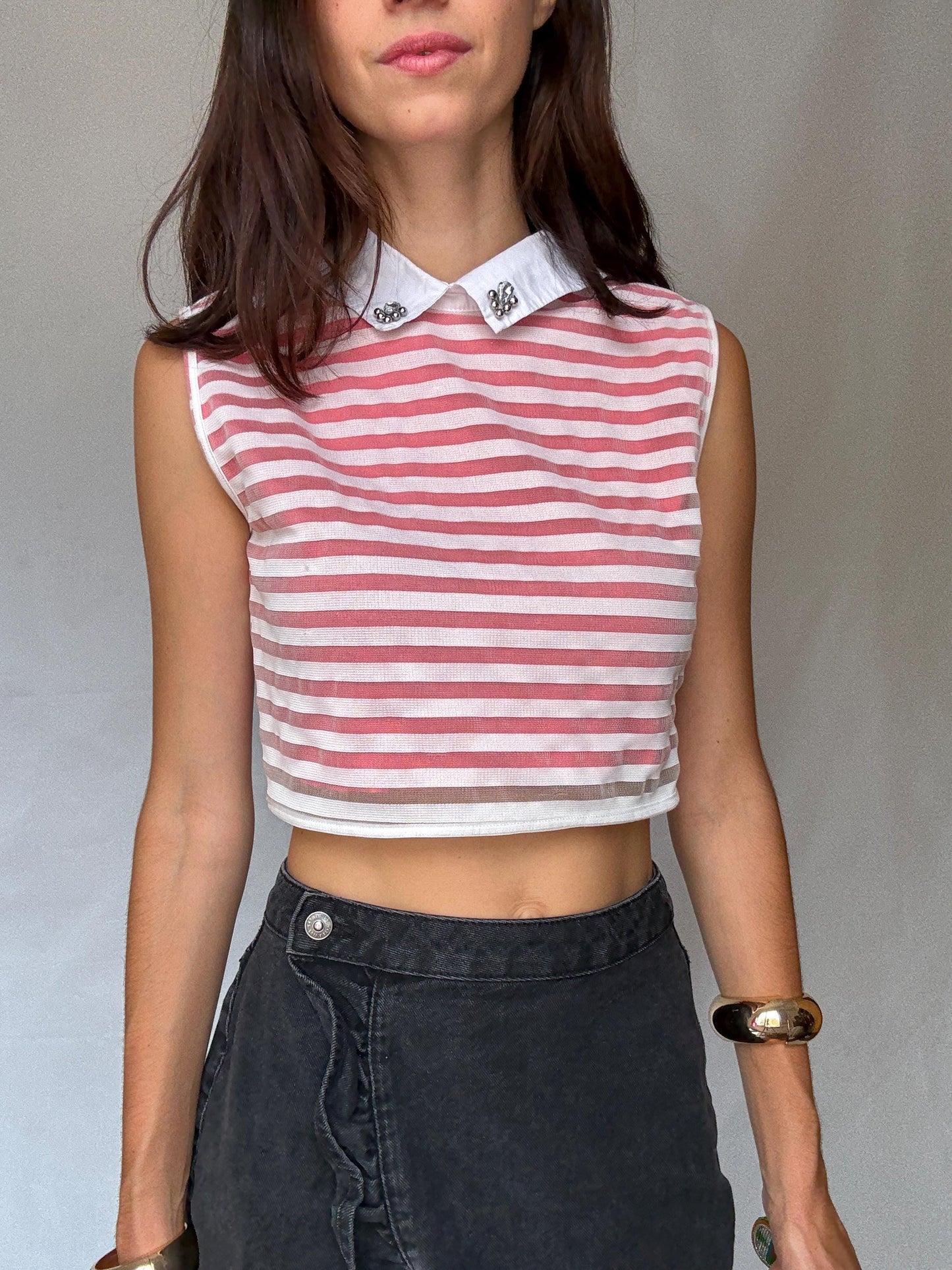 Parisian chic pink white striped crop top – gemstone collar, playful sustainable fashion, size M