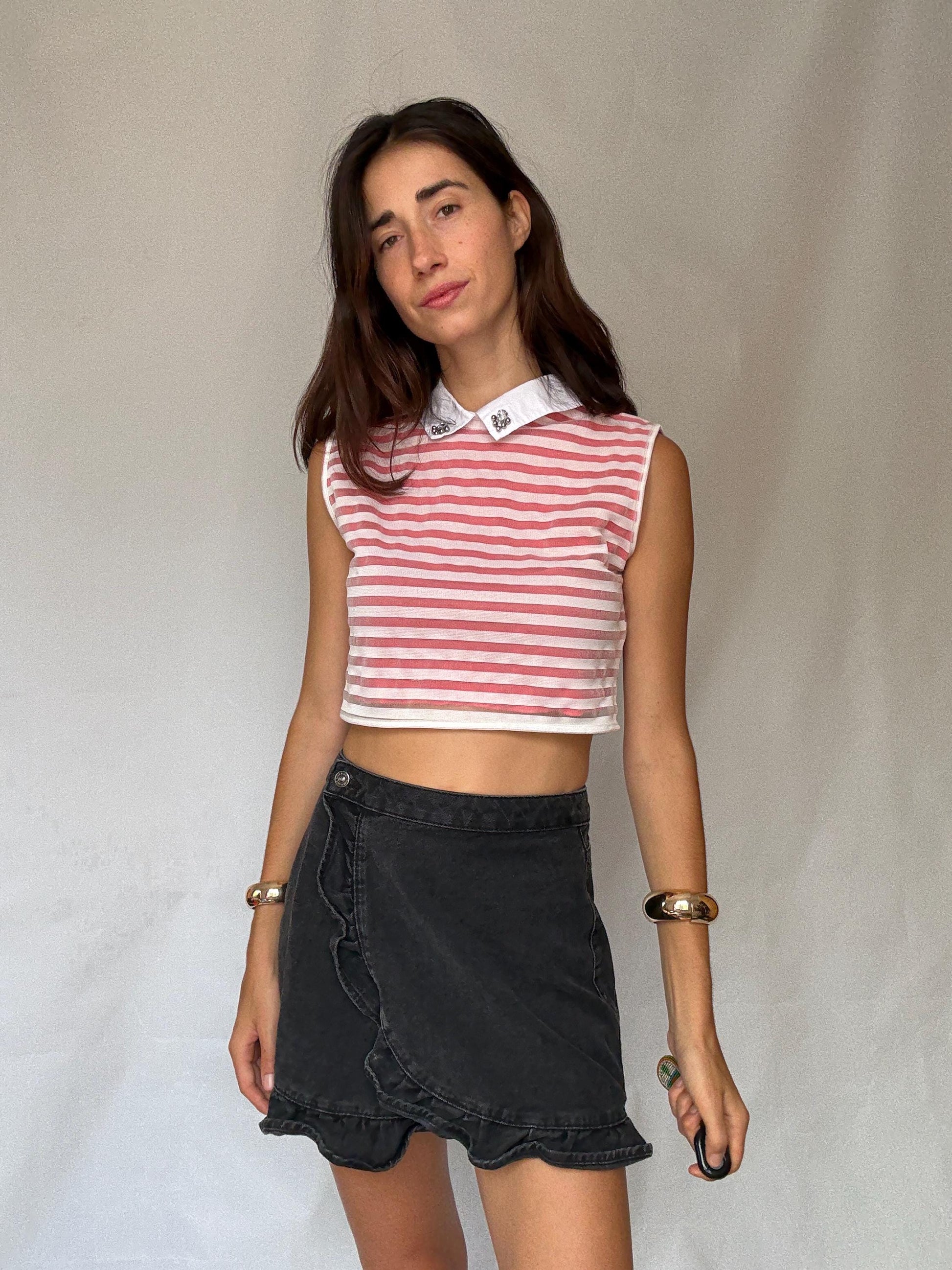 Parisian chic pink white striped crop top – gemstone collar, playful sustainable fashion, size M