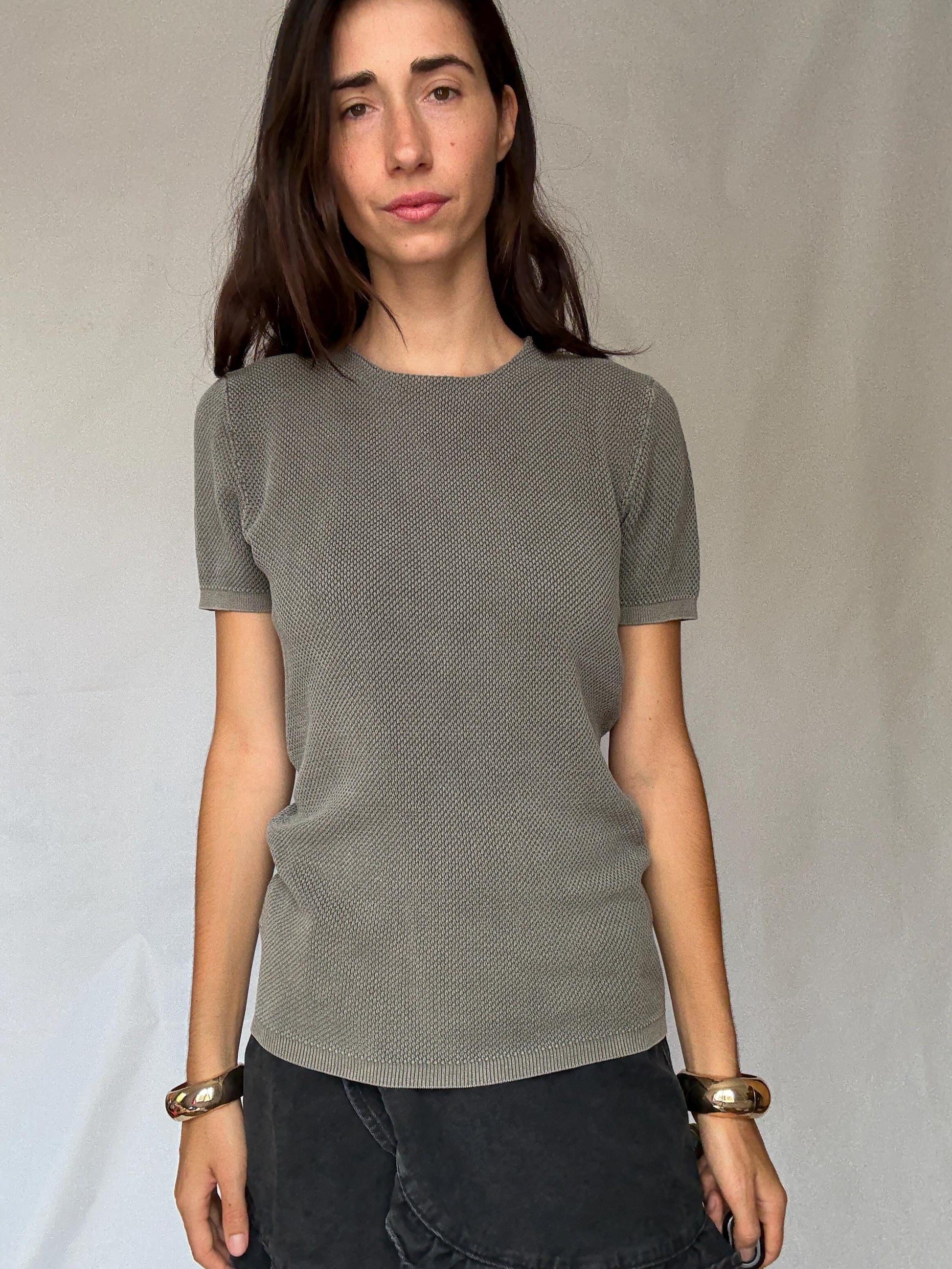 Massimo Dutti extrafine cotton knit tee in S, men’s boxy fit cotton top, dark academia minimal sweater look, thick weave short sleeve