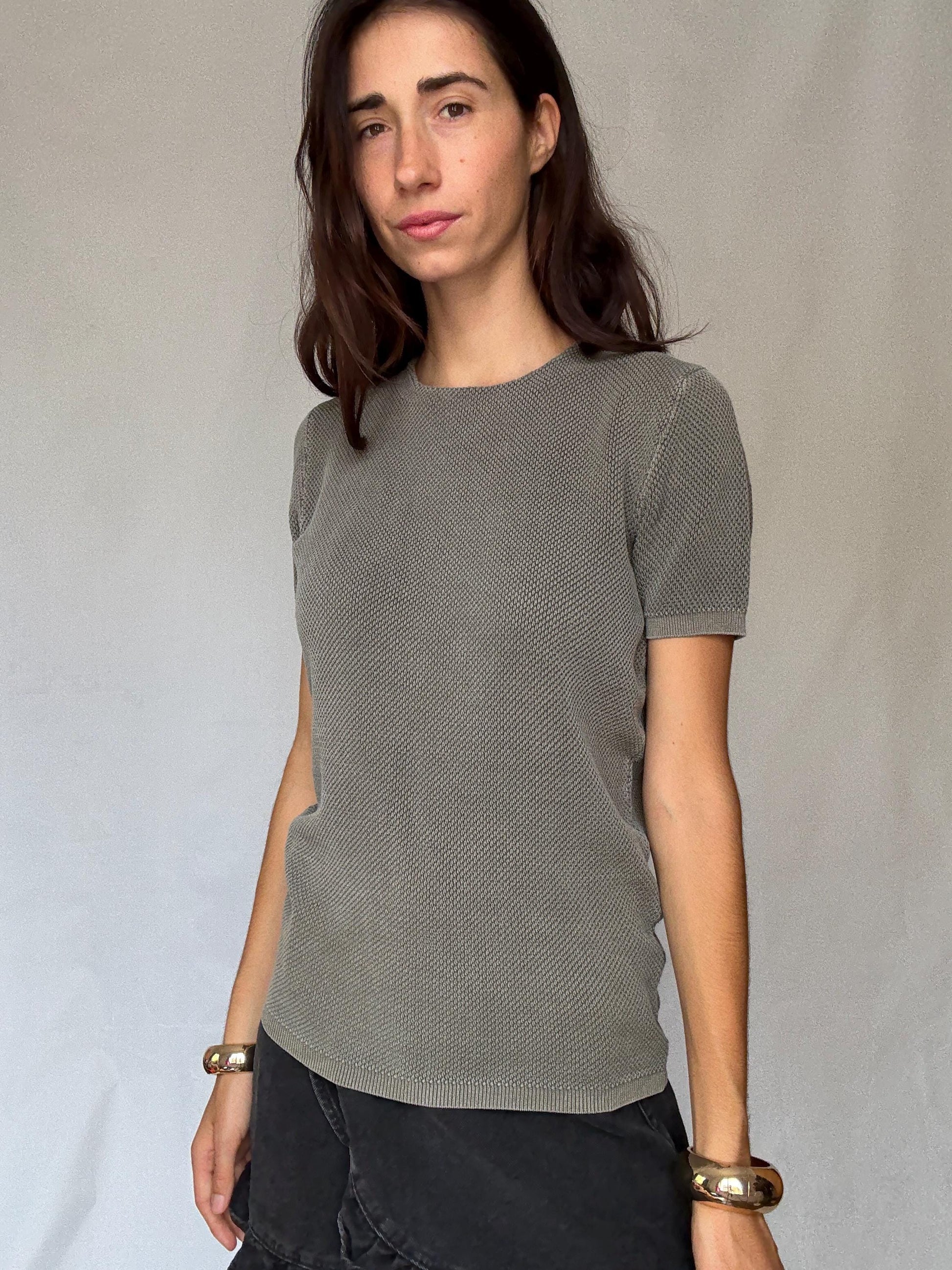 Massimo Dutti extrafine cotton knit tee in S, men’s boxy fit cotton top, dark academia minimal sweater look, thick weave short sleeve