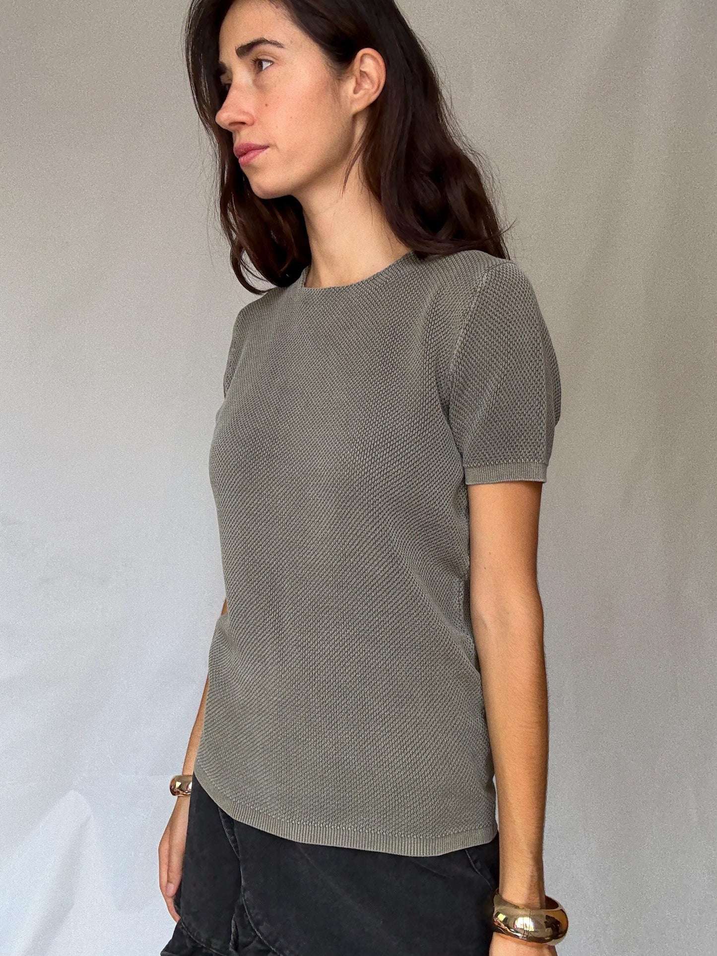 Massimo Dutti extrafine cotton knit tee in S, men’s boxy fit cotton top, dark academia minimal sweater look, thick weave short sleeve