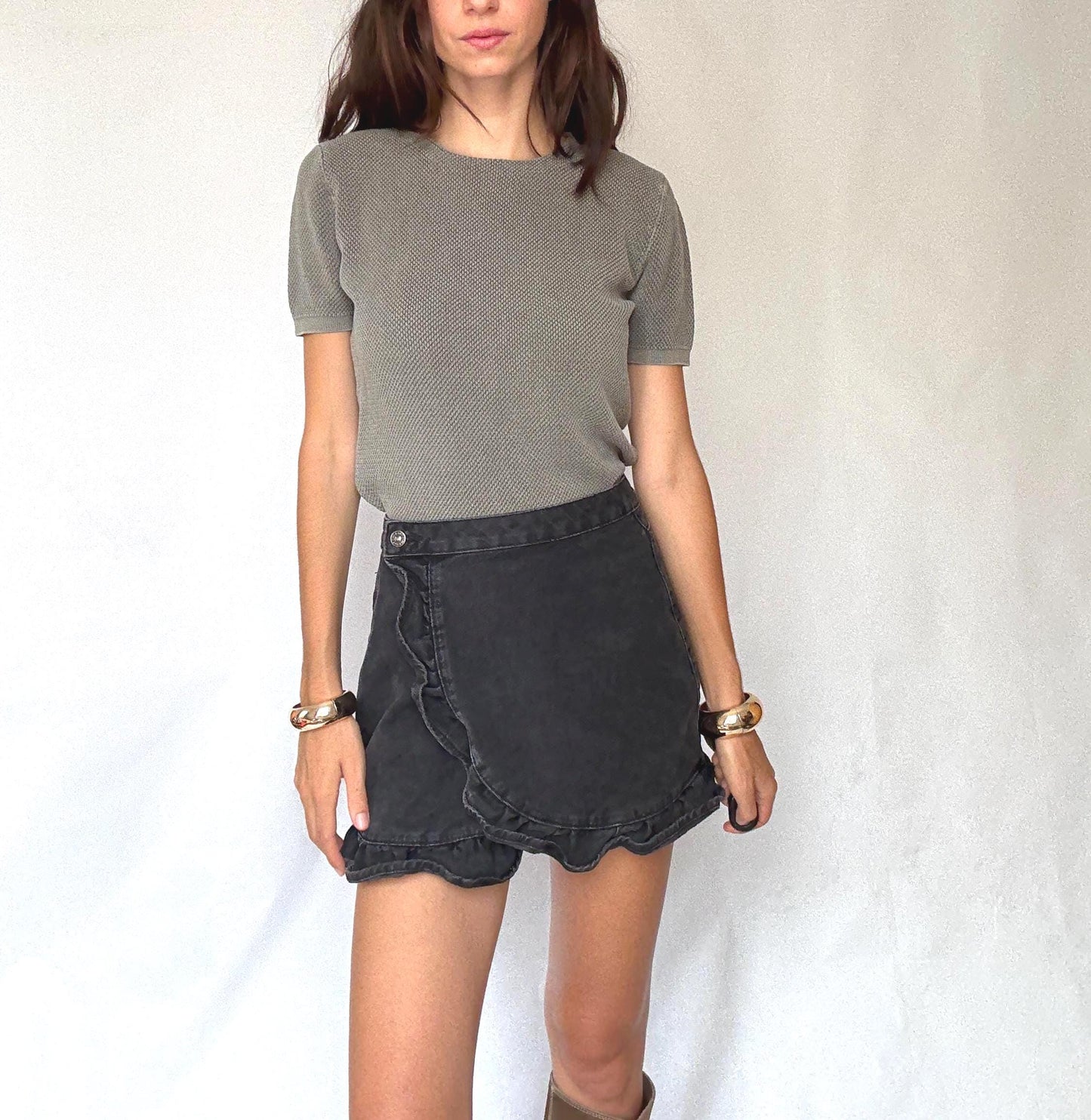 Massimo Dutti extrafine cotton knit tee in S, men’s boxy fit cotton top, dark academia minimal sweater look, thick weave short sleeve