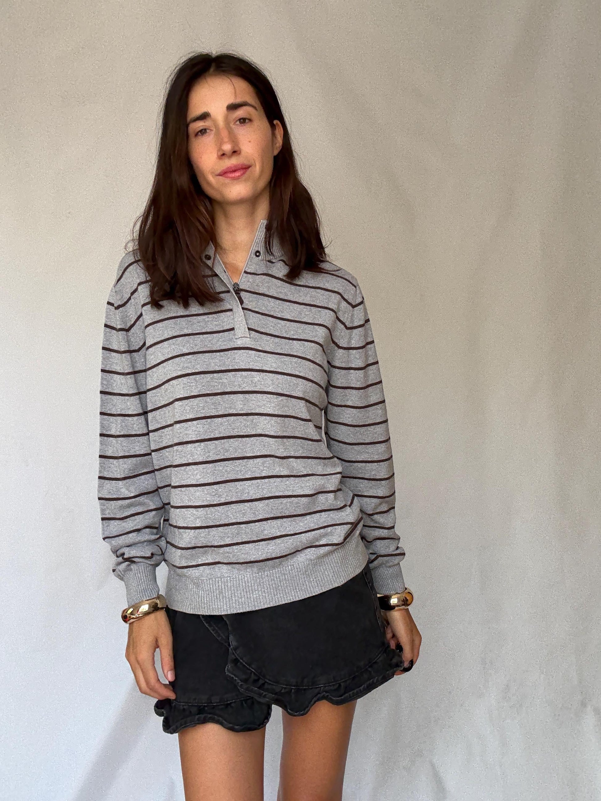 Massimo Dutti men’s striped US M cotton pullover – grey and brown half button knit sweater with ribbed cuffs and hem, classic preppy casual