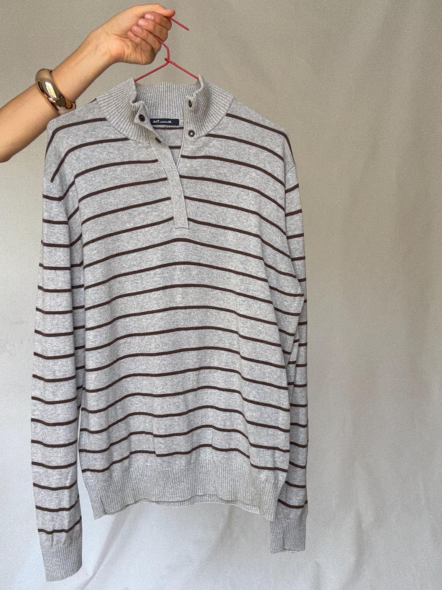 Massimo Dutti men’s striped US M cotton pullover – grey and brown half button knit sweater with ribbed cuffs and hem, classic preppy casual