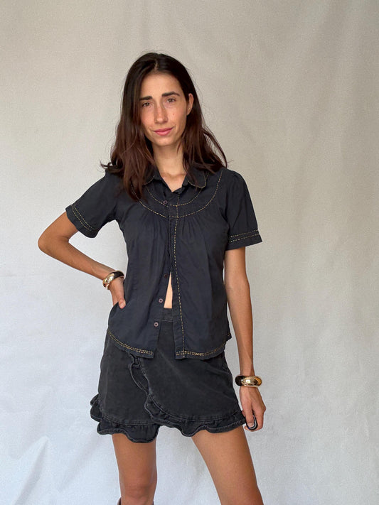 Black short sleeve blouse with contrast stitching and peter pan collar, S