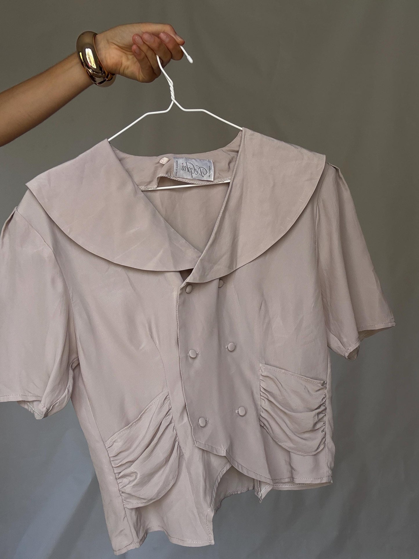Vintage Delphi of London blouse – pale mauve double-breasted top with sailor collar UK size M