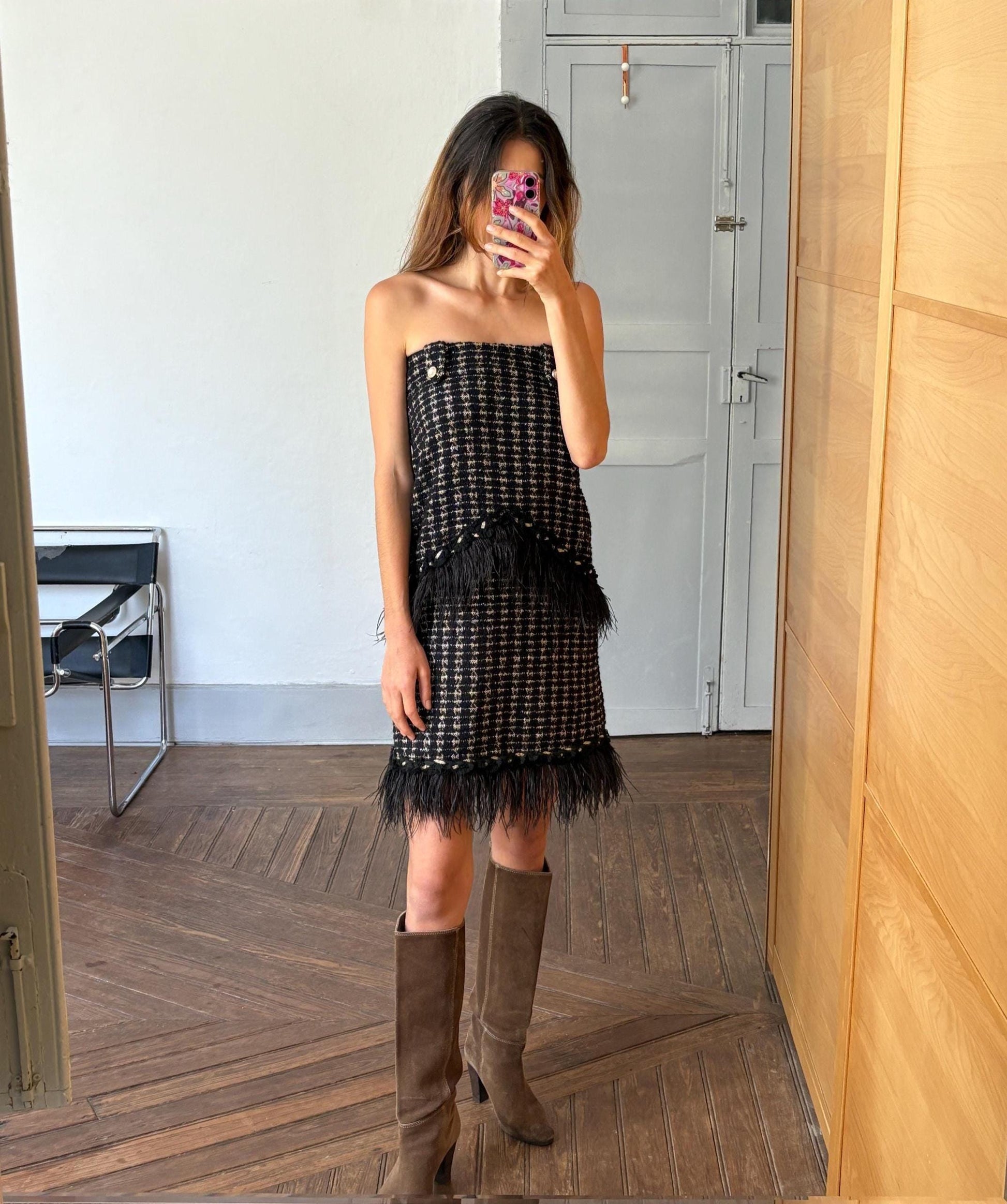 Vintage uterque woman dress with real feathers, wool blend winter dress, french parisian style clothing, luxe midi dress, size s