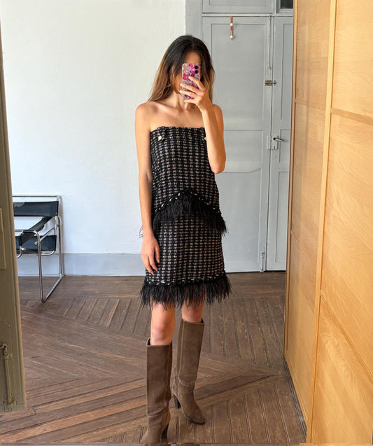 Vintage uterque woman dress with real feathers, wool blend winter dress, french parisian style clothing, luxe midi dress, size s