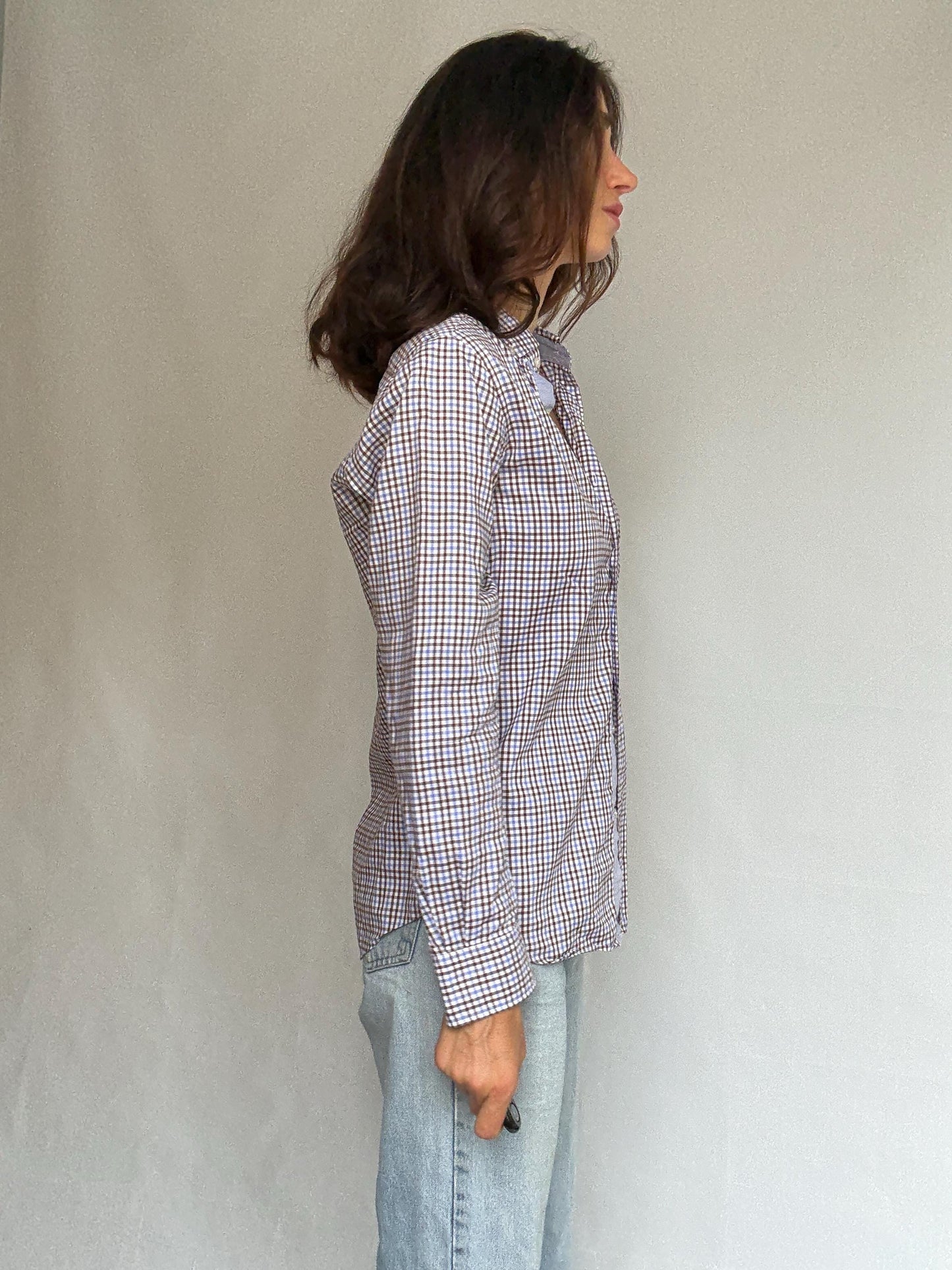 Massimo Dutti brown checkered shirt, cotton feel, relaxed fit, chest pocket, casual, US S, everyday wear