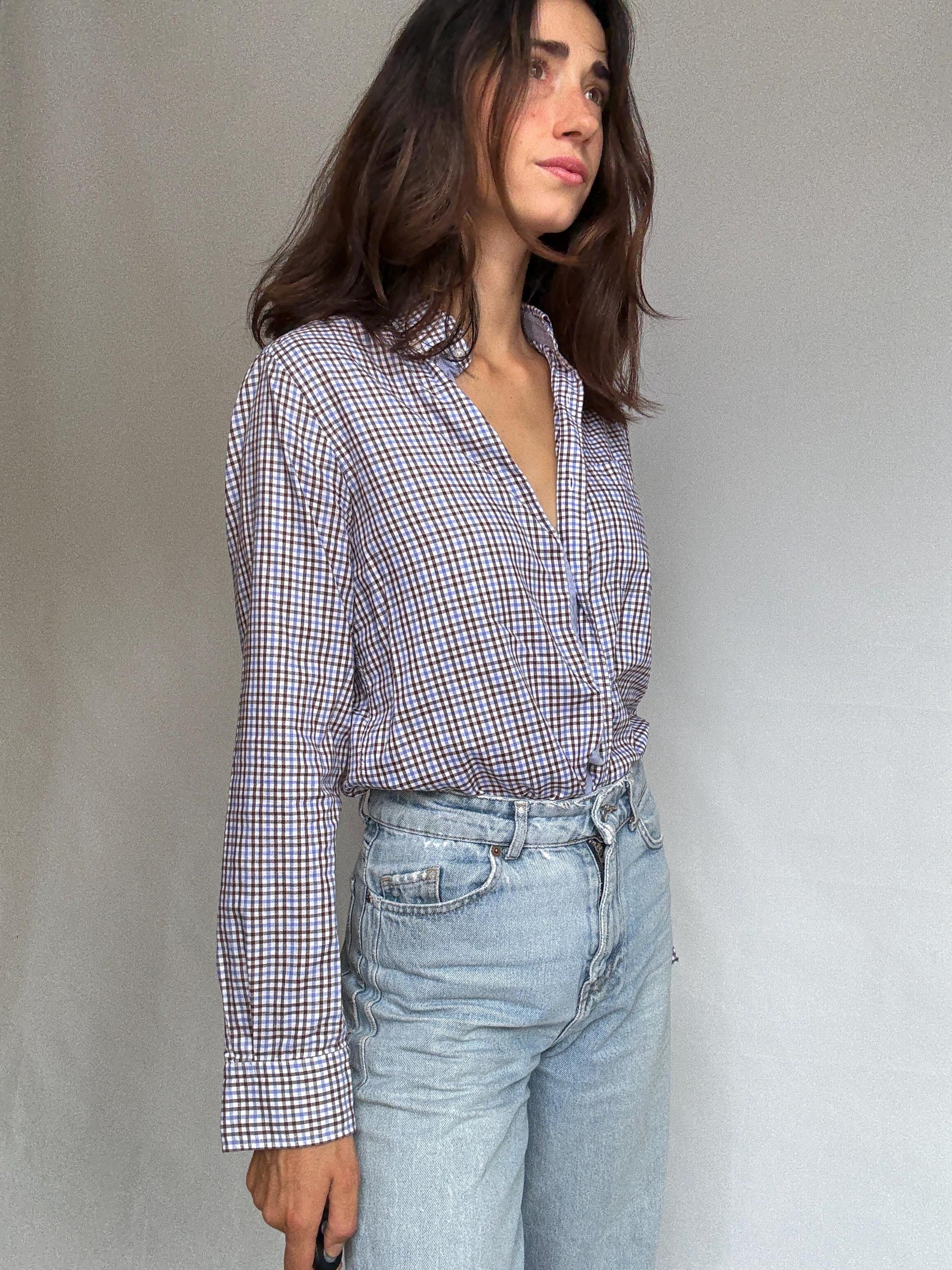 Massimo Dutti brown checkered shirt, cotton feel, relaxed fit, chest pocket, casual, US S, everyday wear