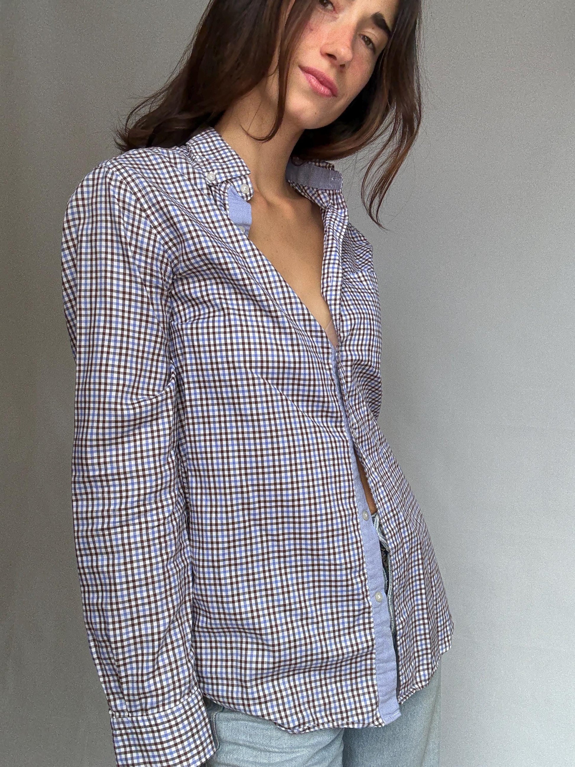 Massimo Dutti brown checkered shirt, cotton feel, relaxed fit, chest pocket, casual, US S, everyday wear