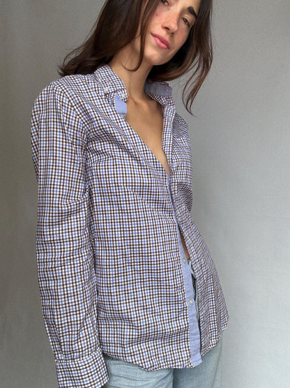 Brown Checkered Cotton Shirt With Pocket — back view