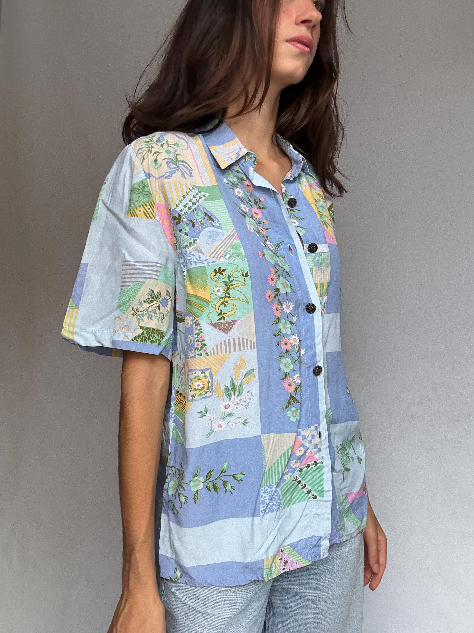 Vintage patchwork button up shirt, Relaxed fit floral and geometric motif blouse, bohemian indie spirit clothing, casual everyday wear