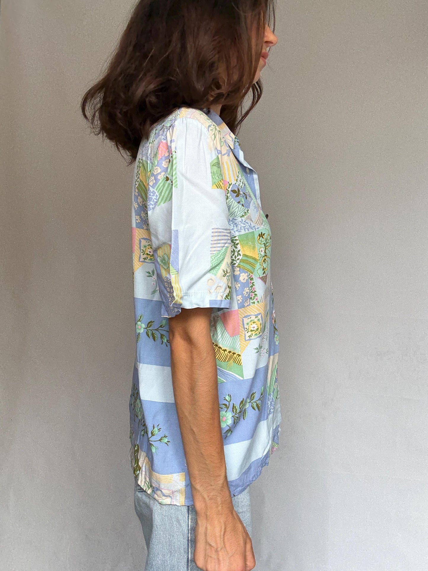 Vintage patchwork button up shirt, Relaxed fit floral and geometric motif blouse, bohemian indie spirit clothing, casual everyday wear