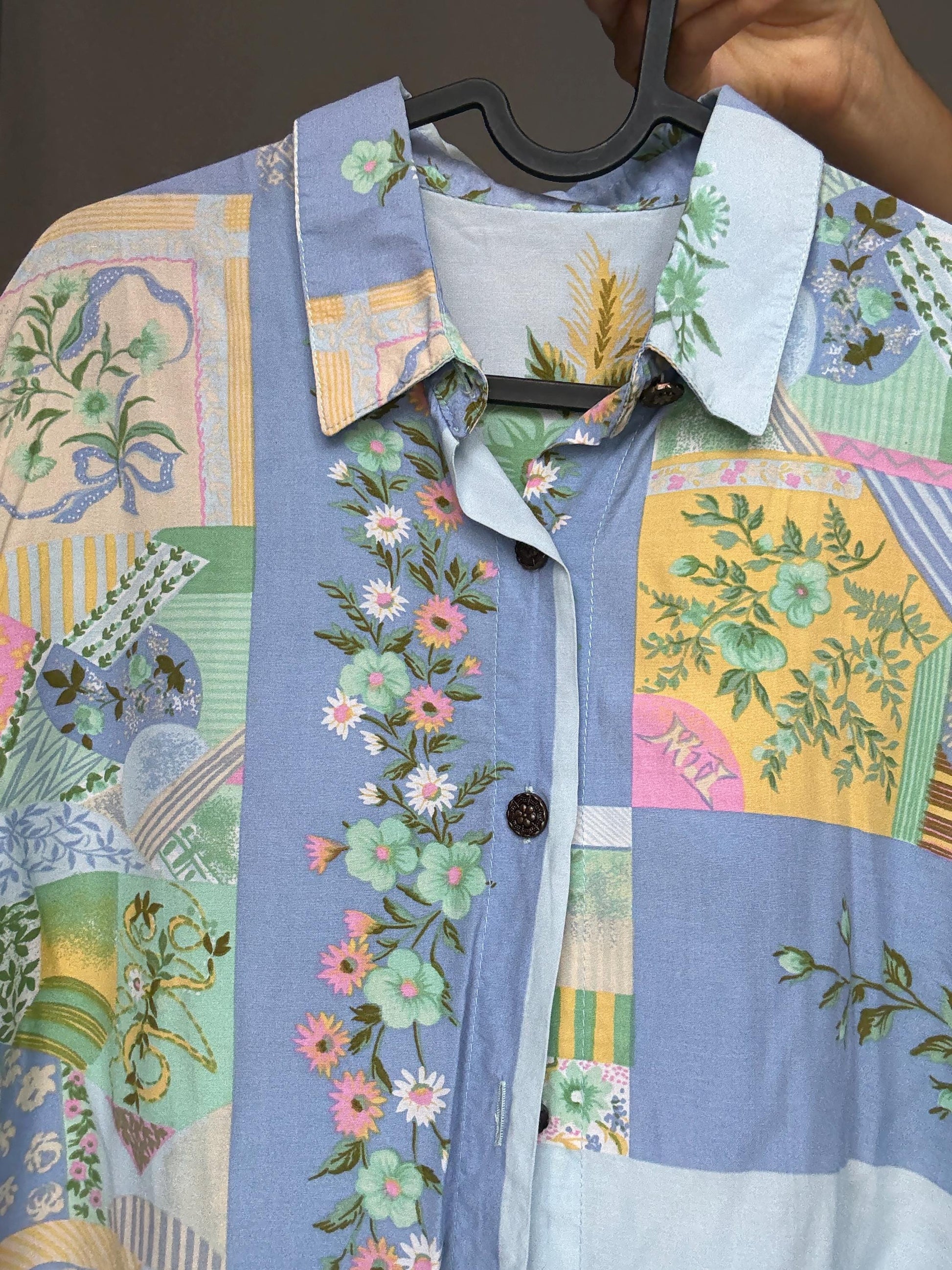 Vintage patchwork button up shirt, Relaxed fit floral and geometric motif blouse, bohemian indie spirit clothing, casual everyday wear