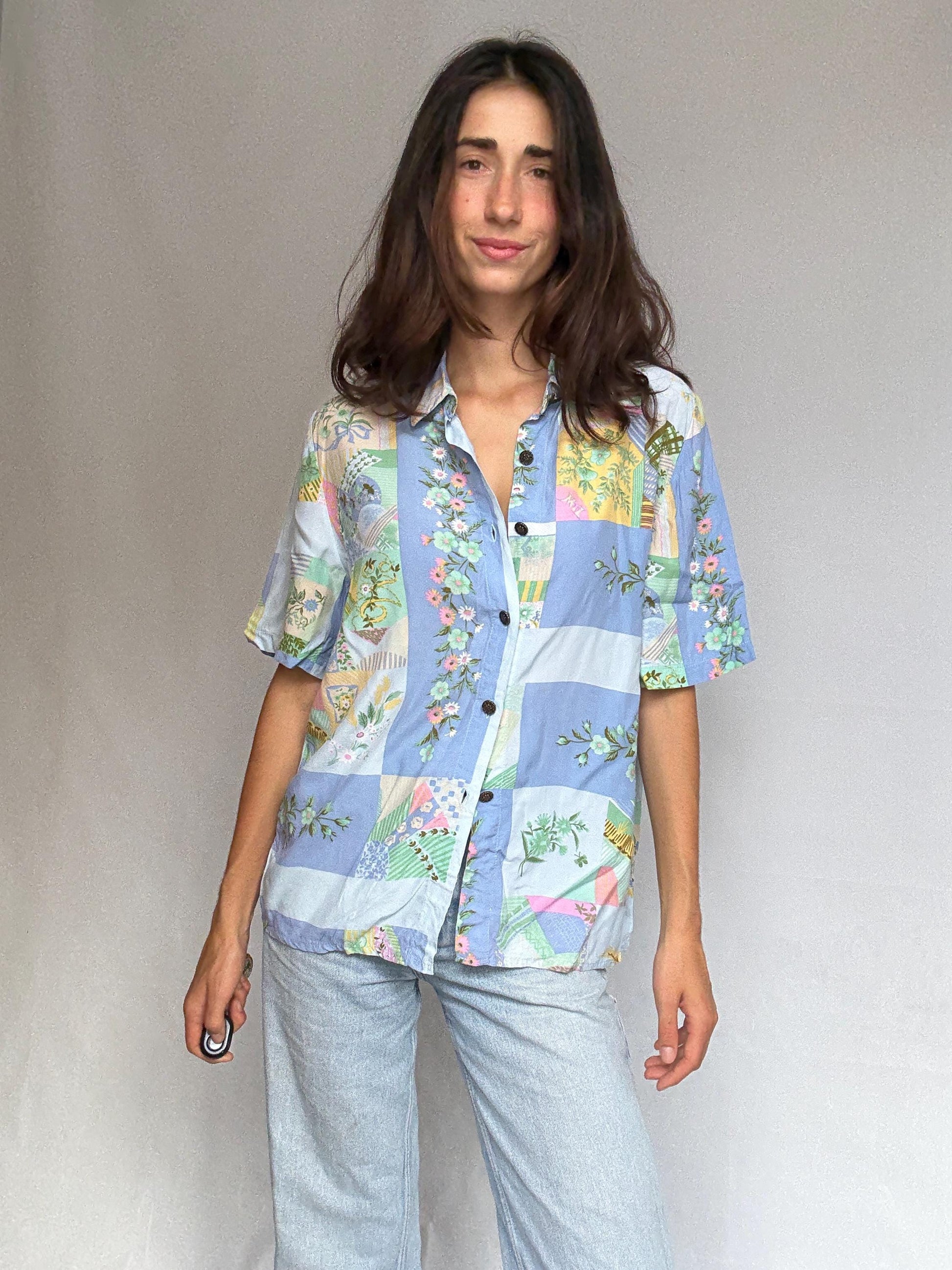 Vintage patchwork button up shirt, Relaxed fit floral and geometric motif blouse, bohemian indie spirit clothing, casual everyday wear